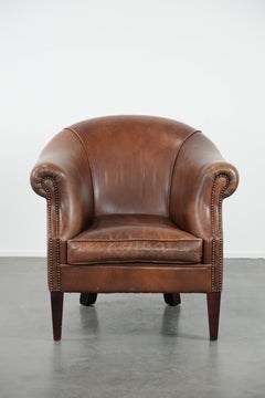 Cognac-coloured vintage cow leather club armchair in English style