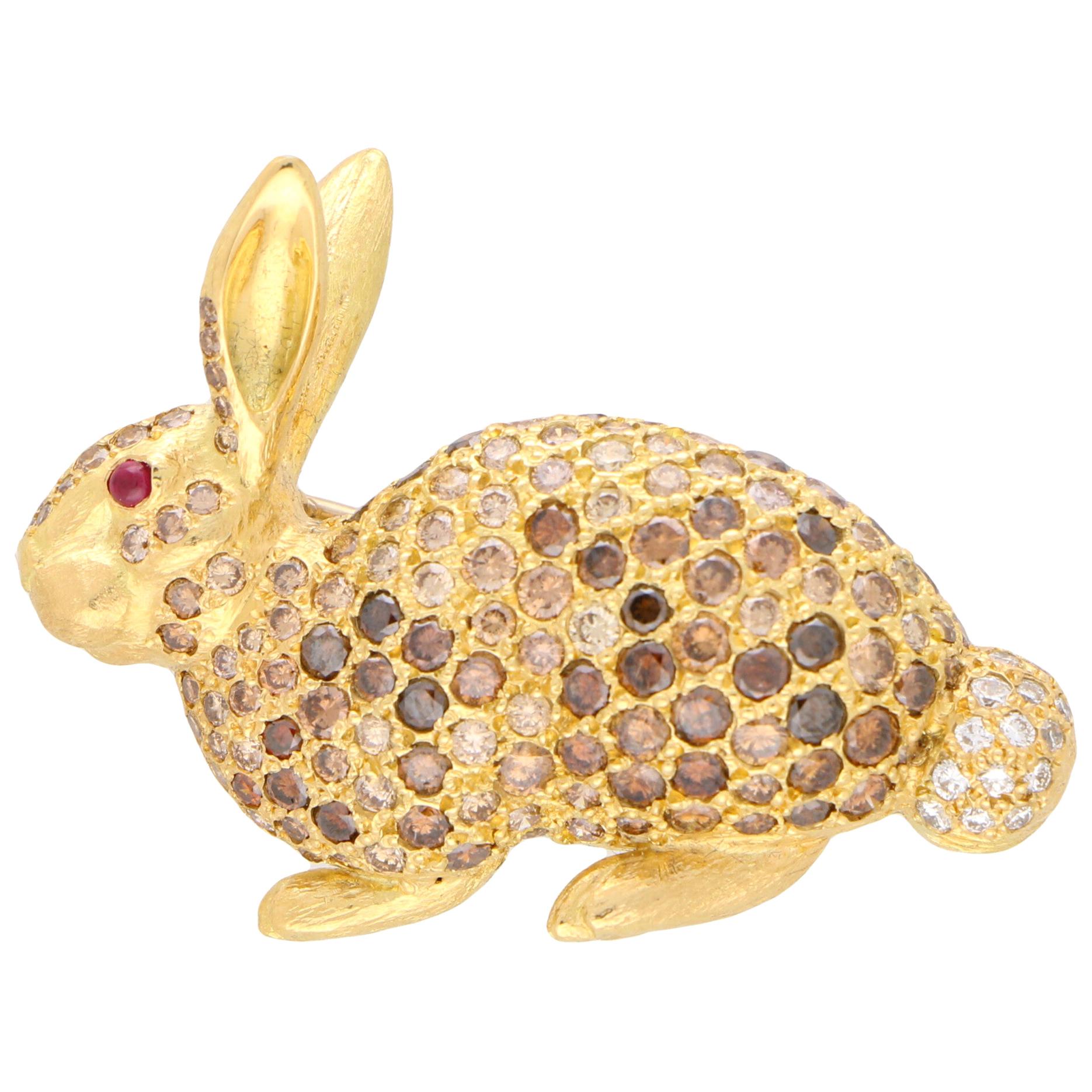 Cognac Diamond and Ruby Rabbit Pin Brooch Set in 18 Karat Yellow Gold