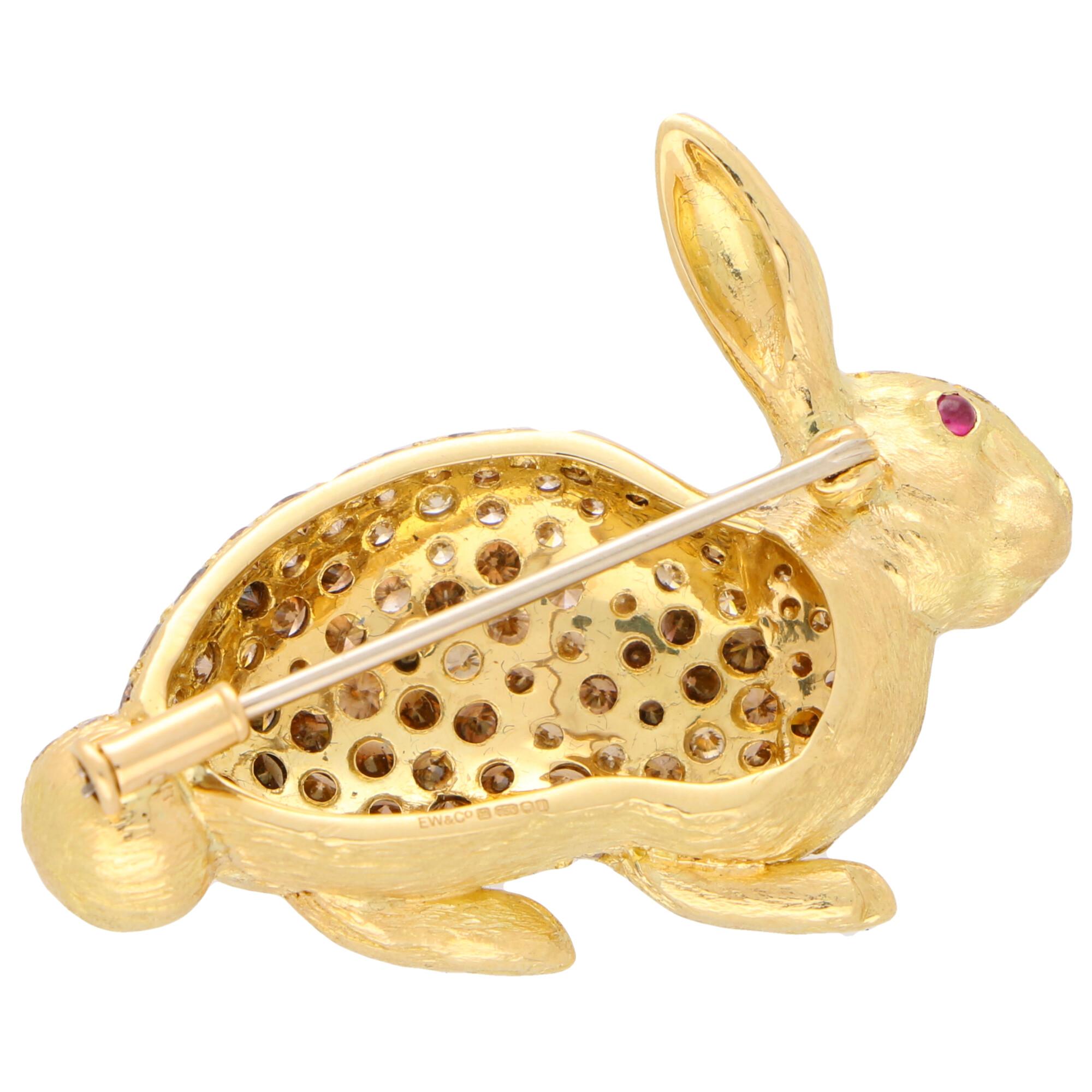 Modern Cognac Diamond and Ruby Rabbit Pin Brooch Set in 18 Karat Yellow Gold