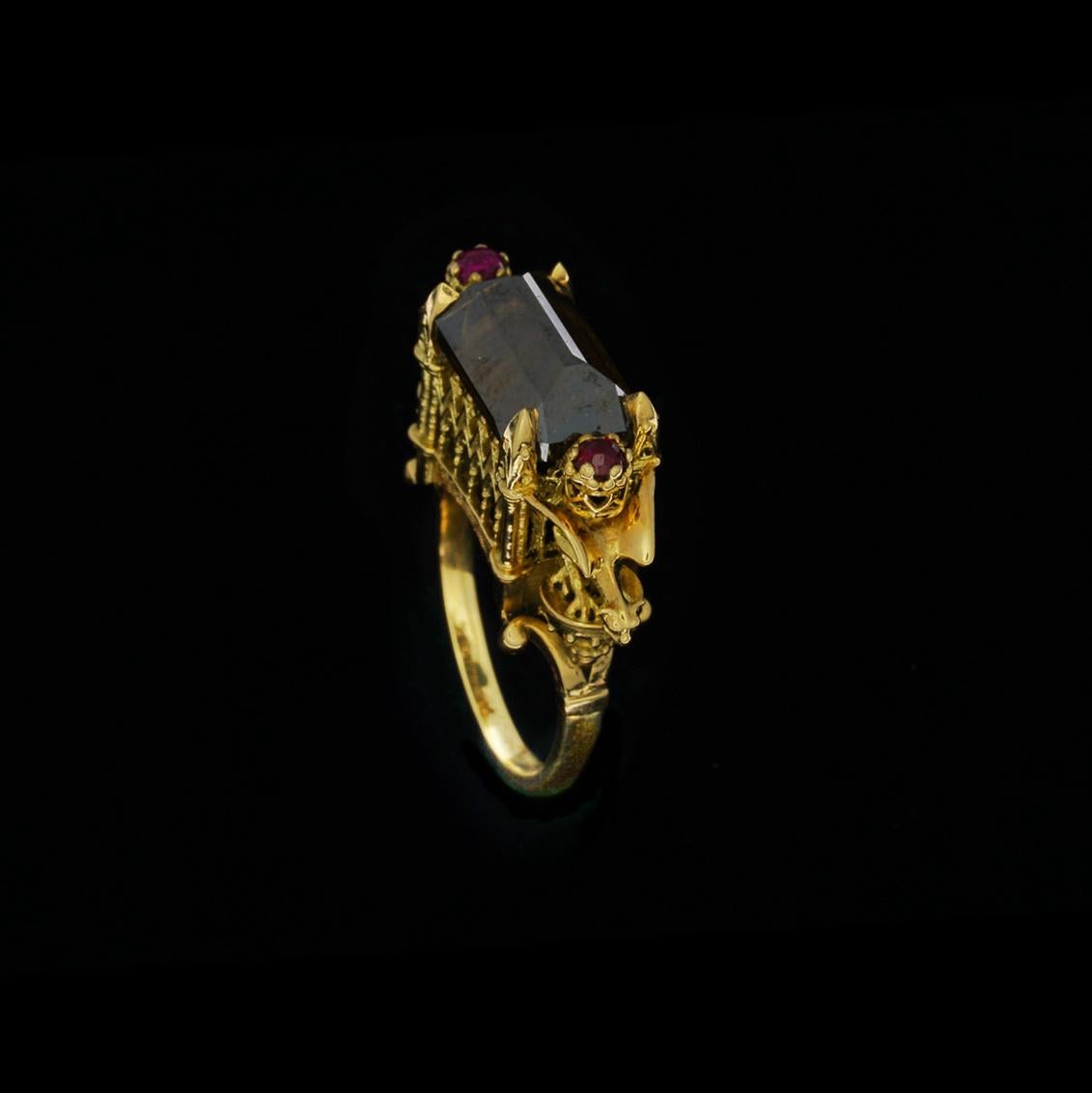Women's Ritual Cathedral Ring in 18 Karat Yellow Gold, Cognac Diamond and Rubies