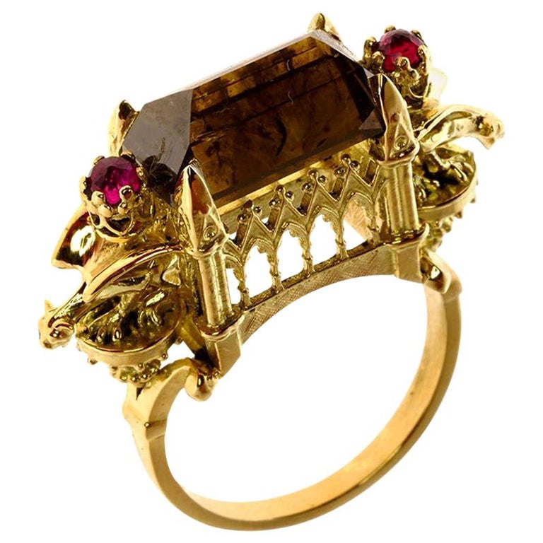 Cognac Diamond and Ruby Ritual Cathedral Ring For Sale