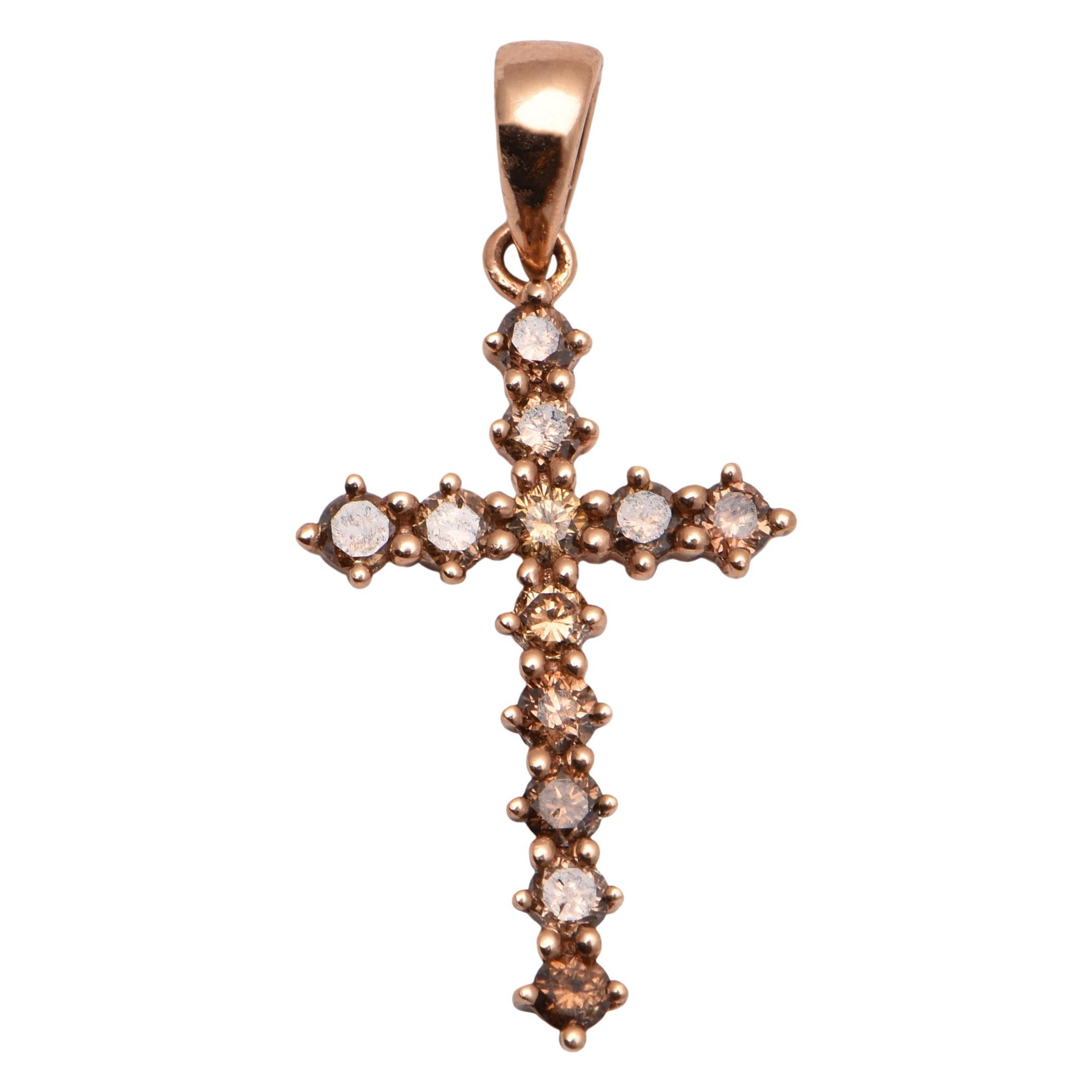 Cognac Diamond Cross Pendant in 18 Carat Rose Gold For Sale