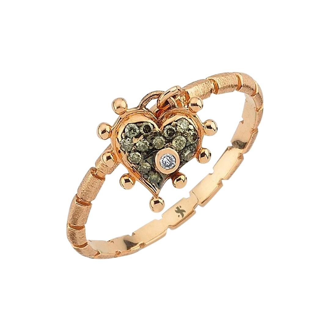 Cognac Diamond Heart Ring in 14k Rose Gold For Sale