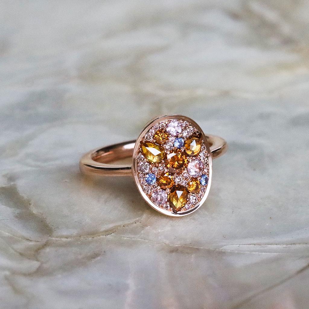One of a kind Rose Gold Ring in Bright Cognac and Pink Shades, handmade in Belgium by jewellery artist Joke Quick with no casting or printing involved.  Crafted from high-quality rose gold, it features a breathtaking array of quality fancy Cognac