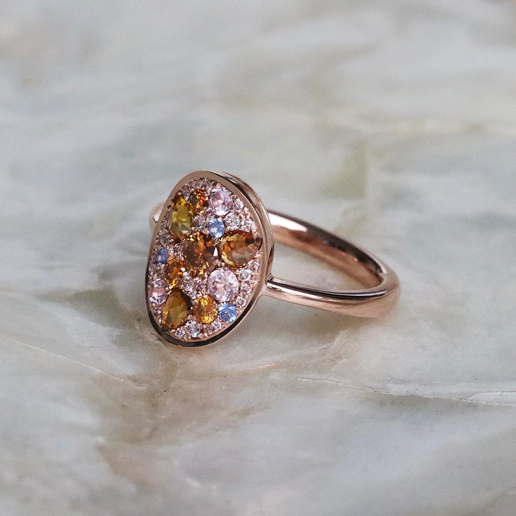 Art Nouveau Cognac Diamond Pink Diamond No Heat Pink and Blue Sappire Mosaic Set Pave Ring For Sale