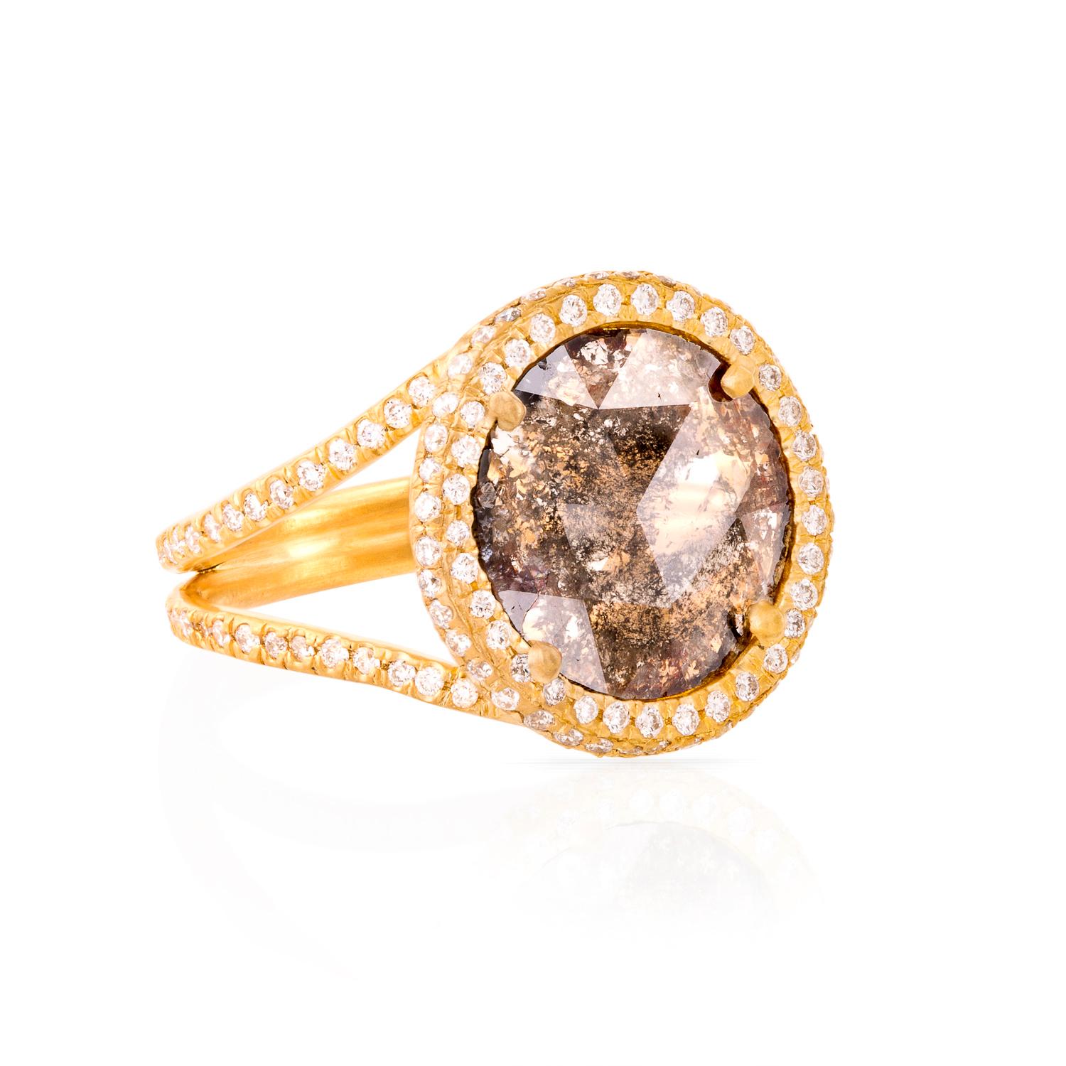 This 1.56 ct. Cognac Round Diamond Slice Ring has 0.67 ct. vs quality Diamond Pave set  in 18K Matte Yellow Gold. The double band has Diamond Pave 2/3 of the way around the band.  This piece is handmade in Los Angeles by master craftsmen.  All
