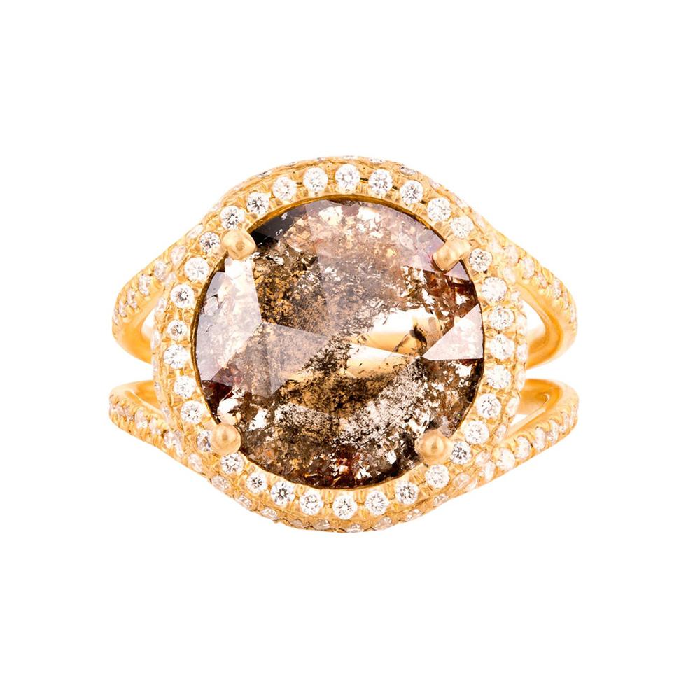 Cognac Diamond Slice Ring in Matte 18k Gold with Diamond Pave Halo and Band For Sale