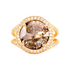 Cognac Diamond Slice Ring in Matte 18k Gold with Diamond Pave Halo and Band