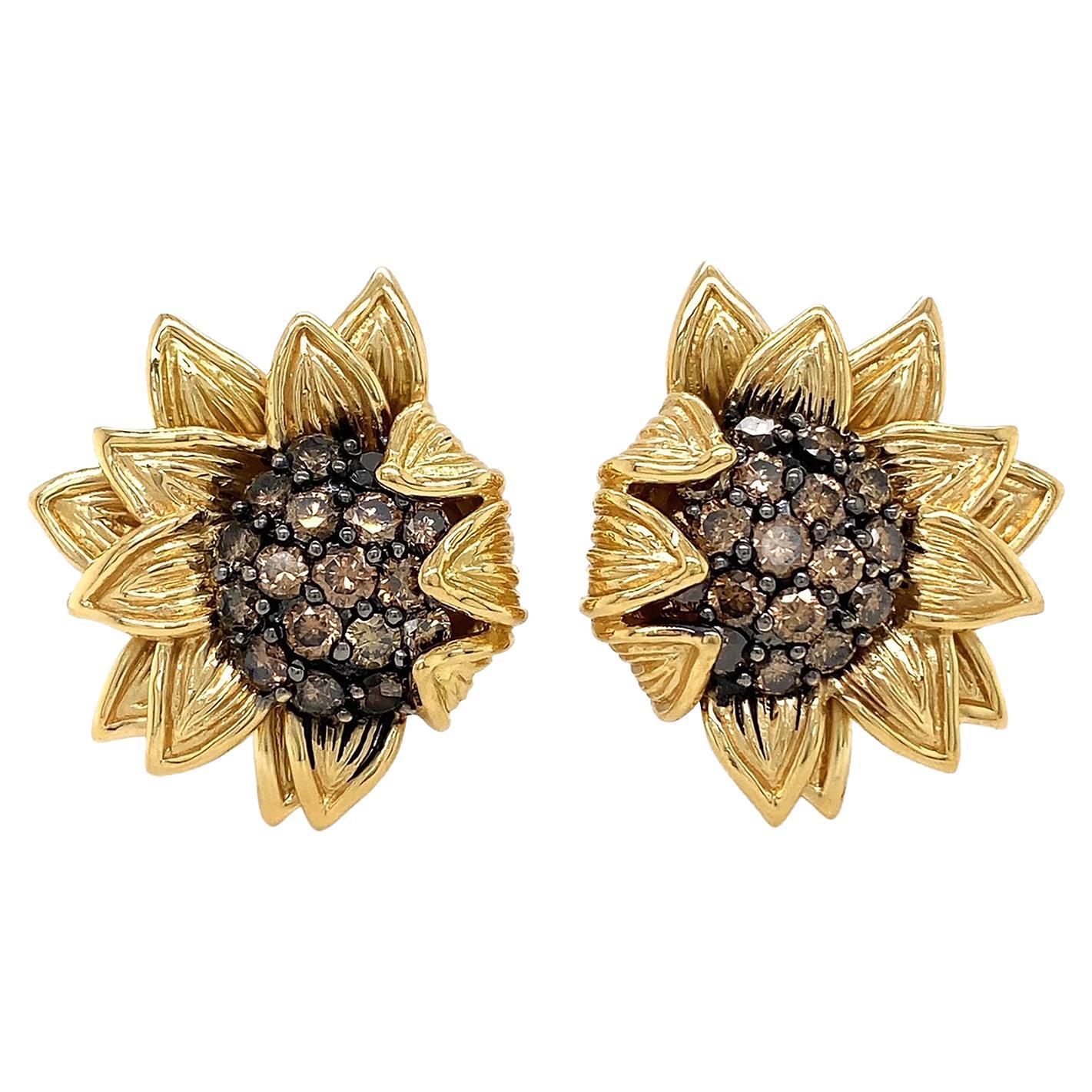 Cognac Diamond Sunflower 18K Yellow Gold Earrings For Sale