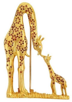 Cognac Diamonds 18k Gold MOTHER AND BABY GIRAFFE Brooch by John Landrum Bryant