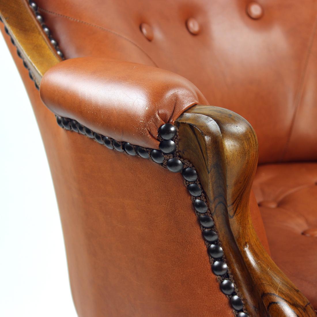 Cognac Faux Leather And Walnut Armchair, Czechoslovakia 1950s For Sale 5
