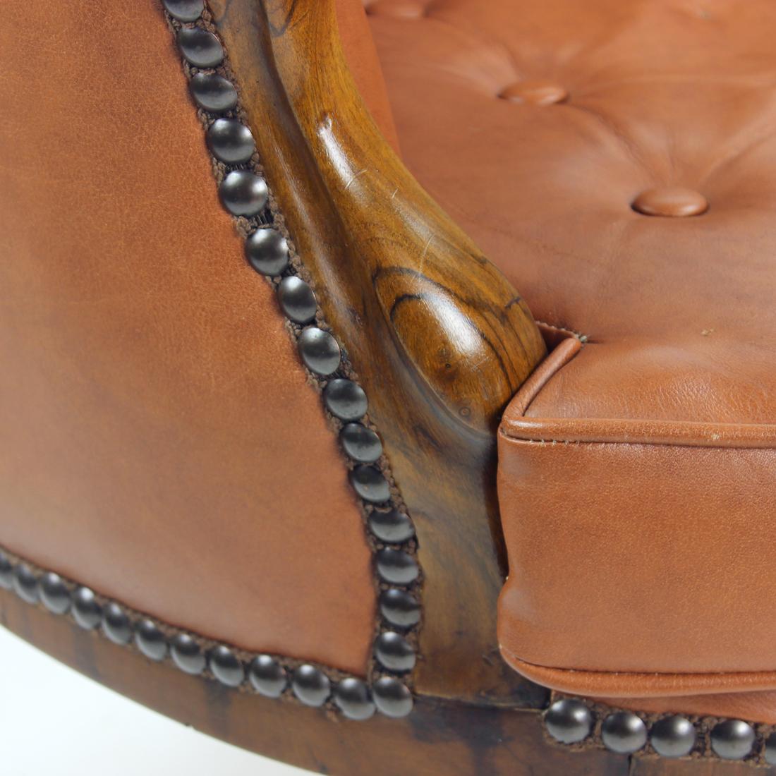 Cognac Faux Leather And Walnut Armchair, Czechoslovakia 1950s For Sale 6