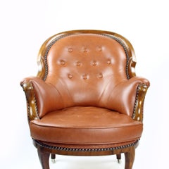 Cognac Leather And Walnut Armchair, Czechoslovakia 1950s
