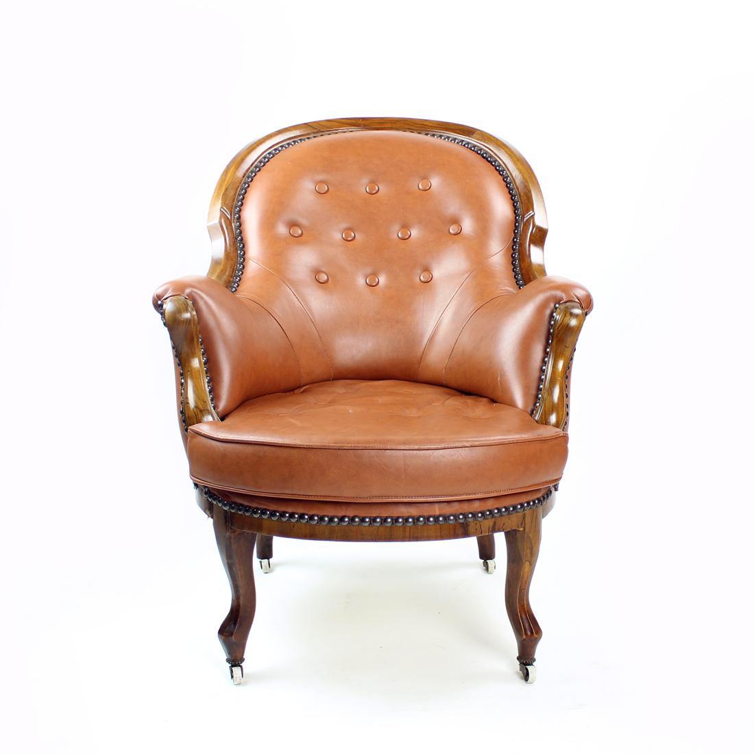 Baroque Cognac Faux Leather And Walnut Armchair, Czechoslovakia 1950s For Sale