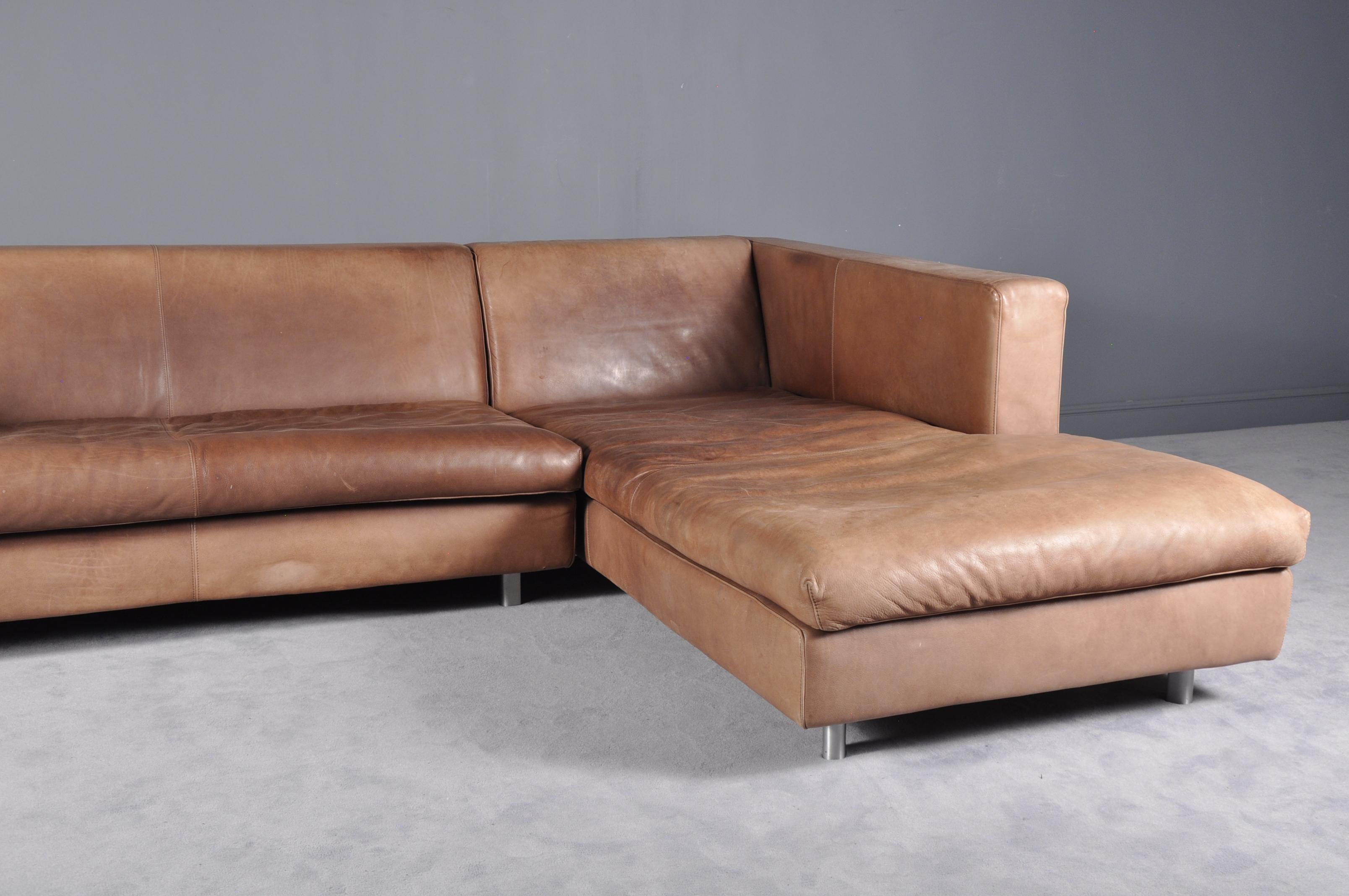 Modern Cognac High Quality Leather Corner Sofa Chaise by Molinari, Italy, 1990s
