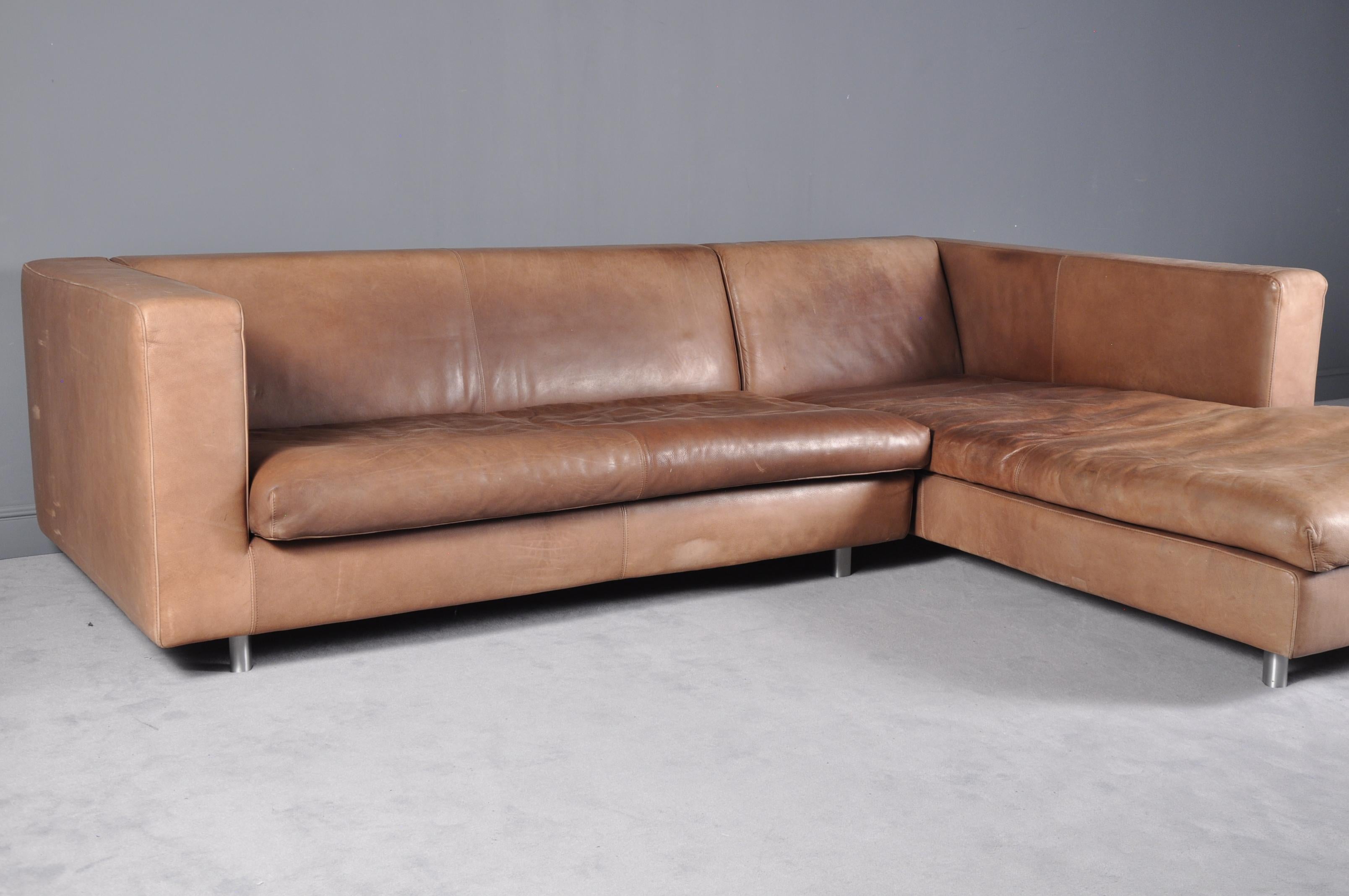 Italian Cognac High Quality Leather Corner Sofa Chaise by Molinari, Italy, 1990s
