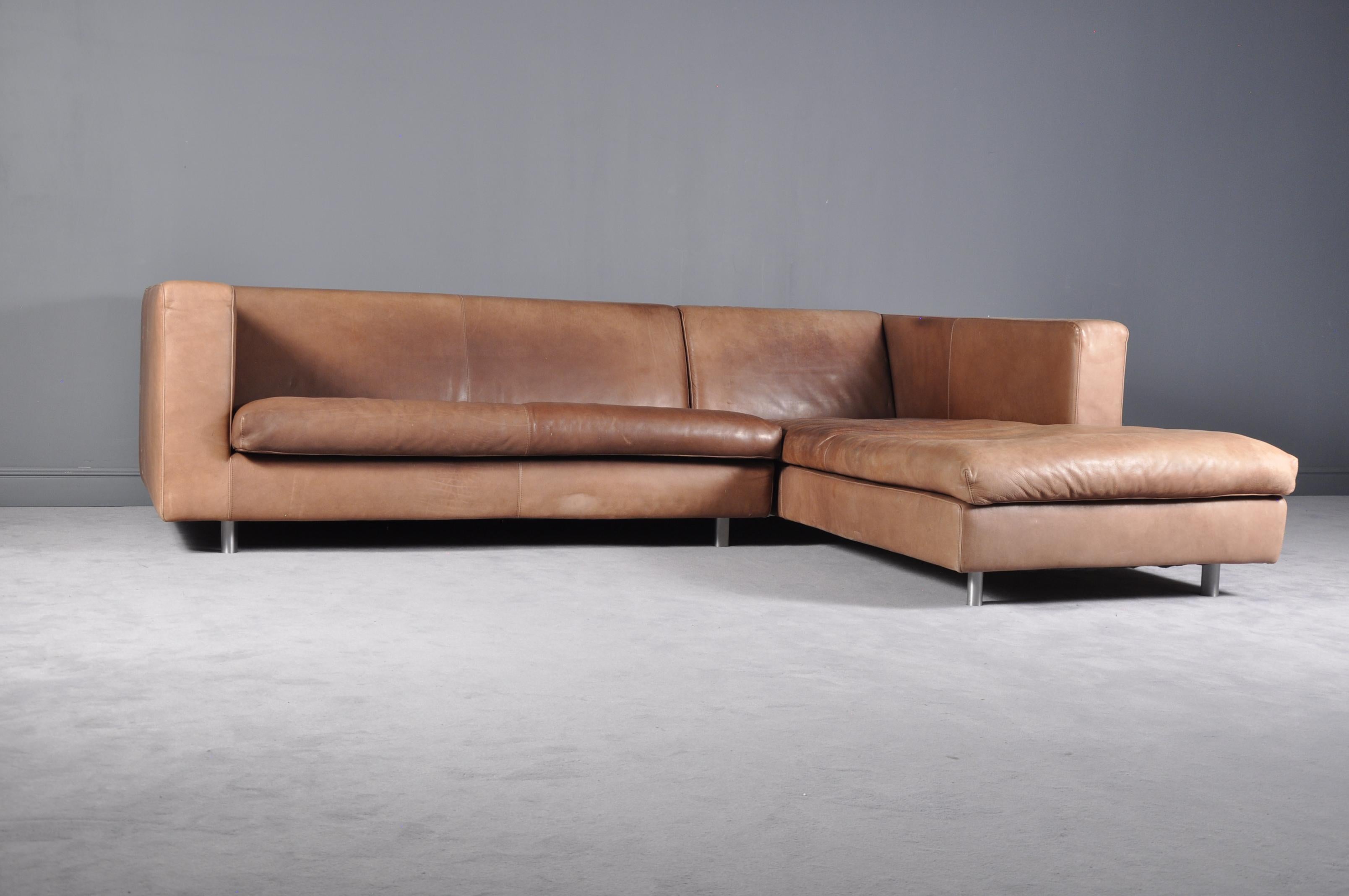 Cognac High Quality Leather Corner Sofa Chaise by Molinari, Italy, 1990s In Good Condition In Bucharest, RO
