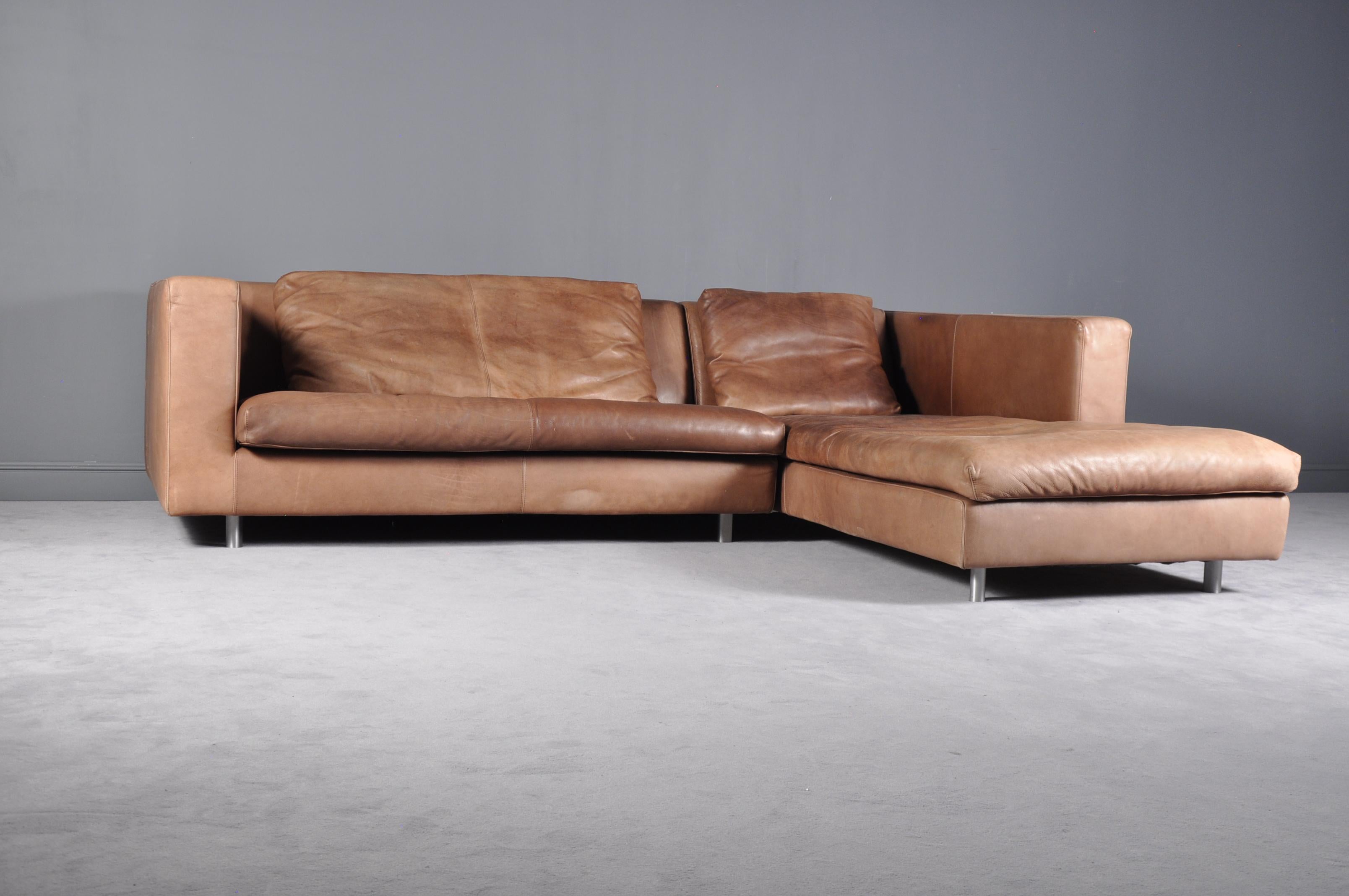 Late 20th Century Cognac High Quality Leather Corner Sofa Chaise by Molinari, Italy, 1990s