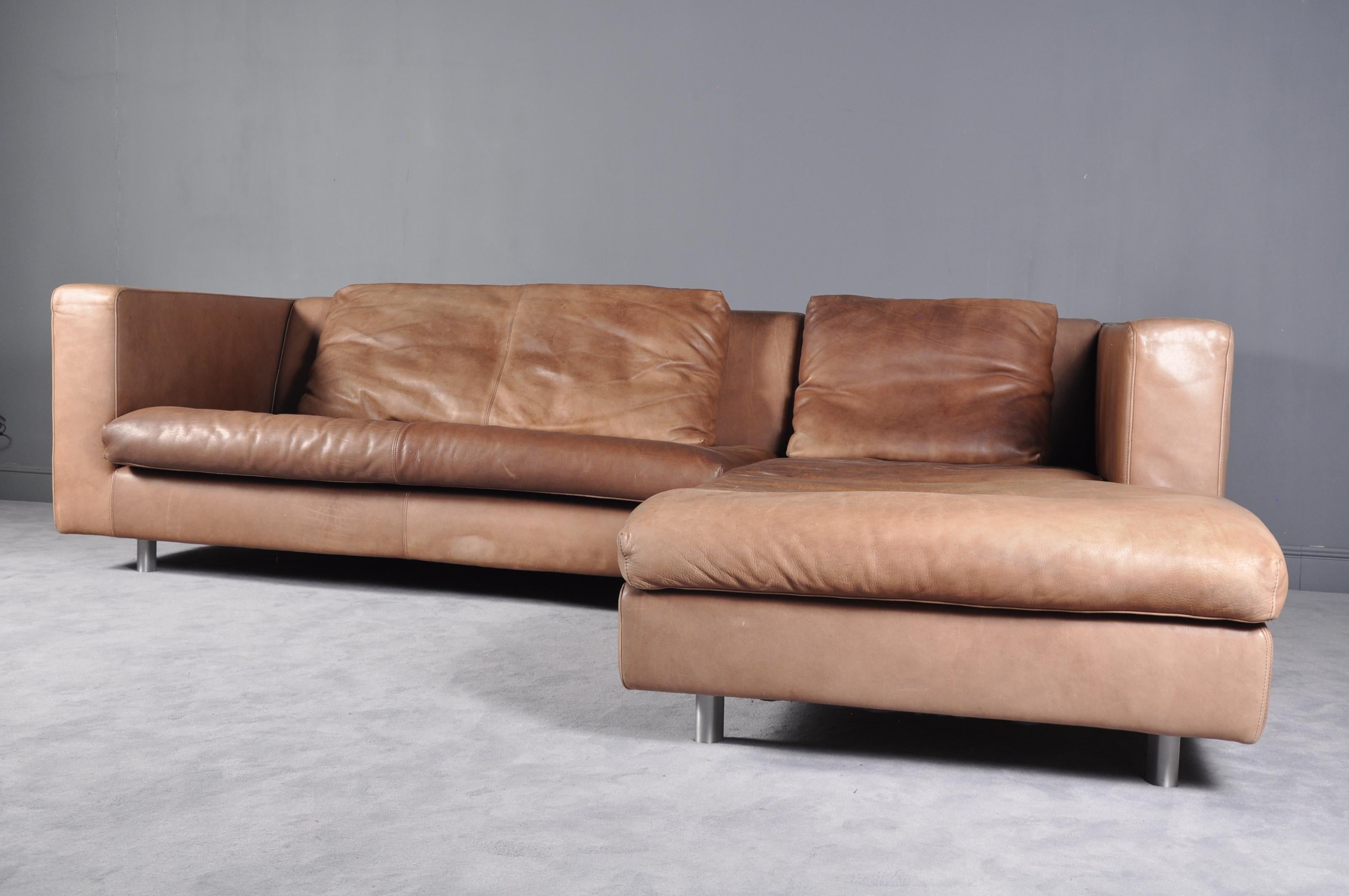 Cognac High Quality Leather Corner Sofa Chaise by Molinari, Italy, 1990s 1