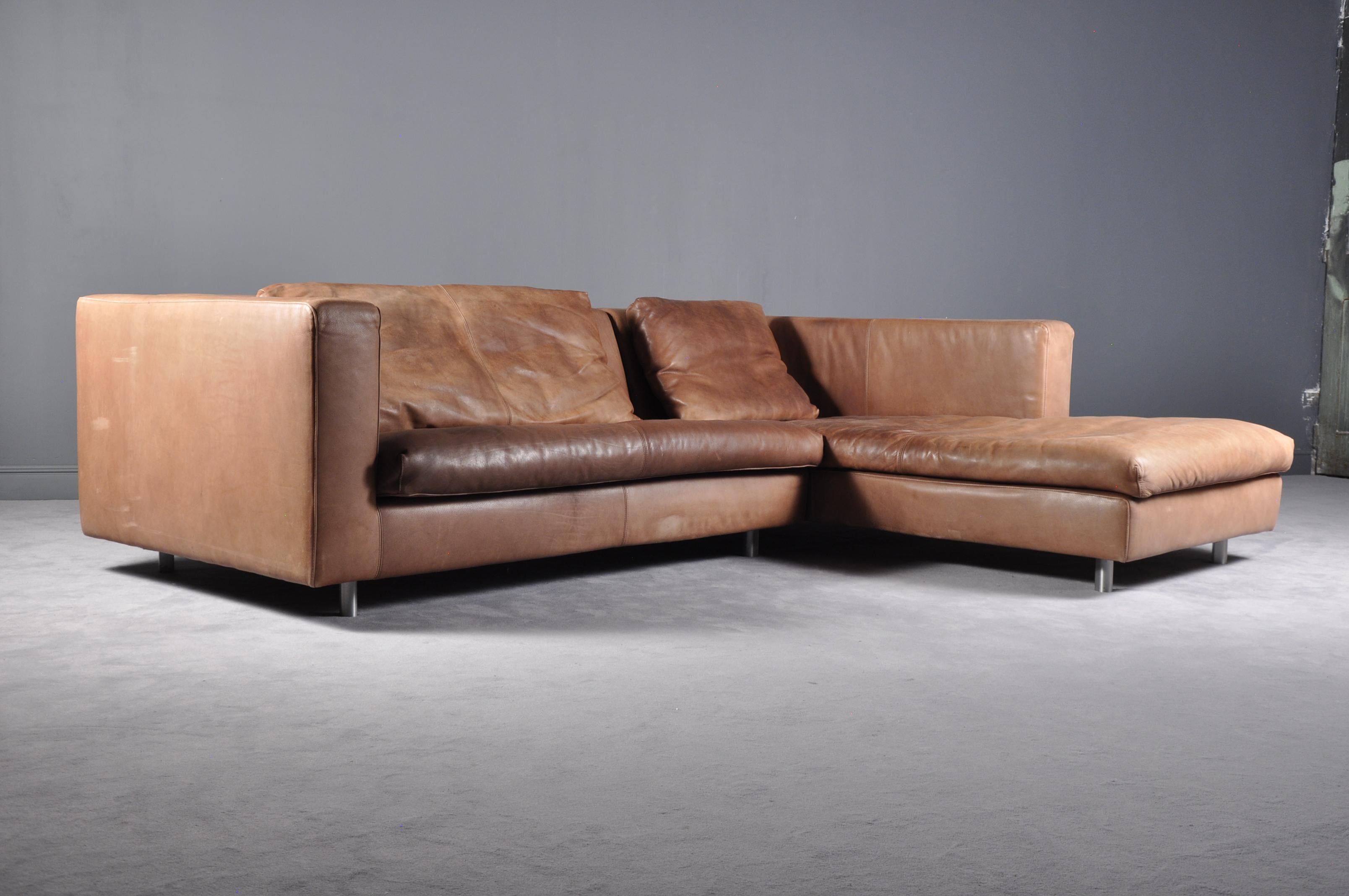 Cognac High Quality Leather Corner Sofa Chaise by Molinari, Italy, 1990s 2