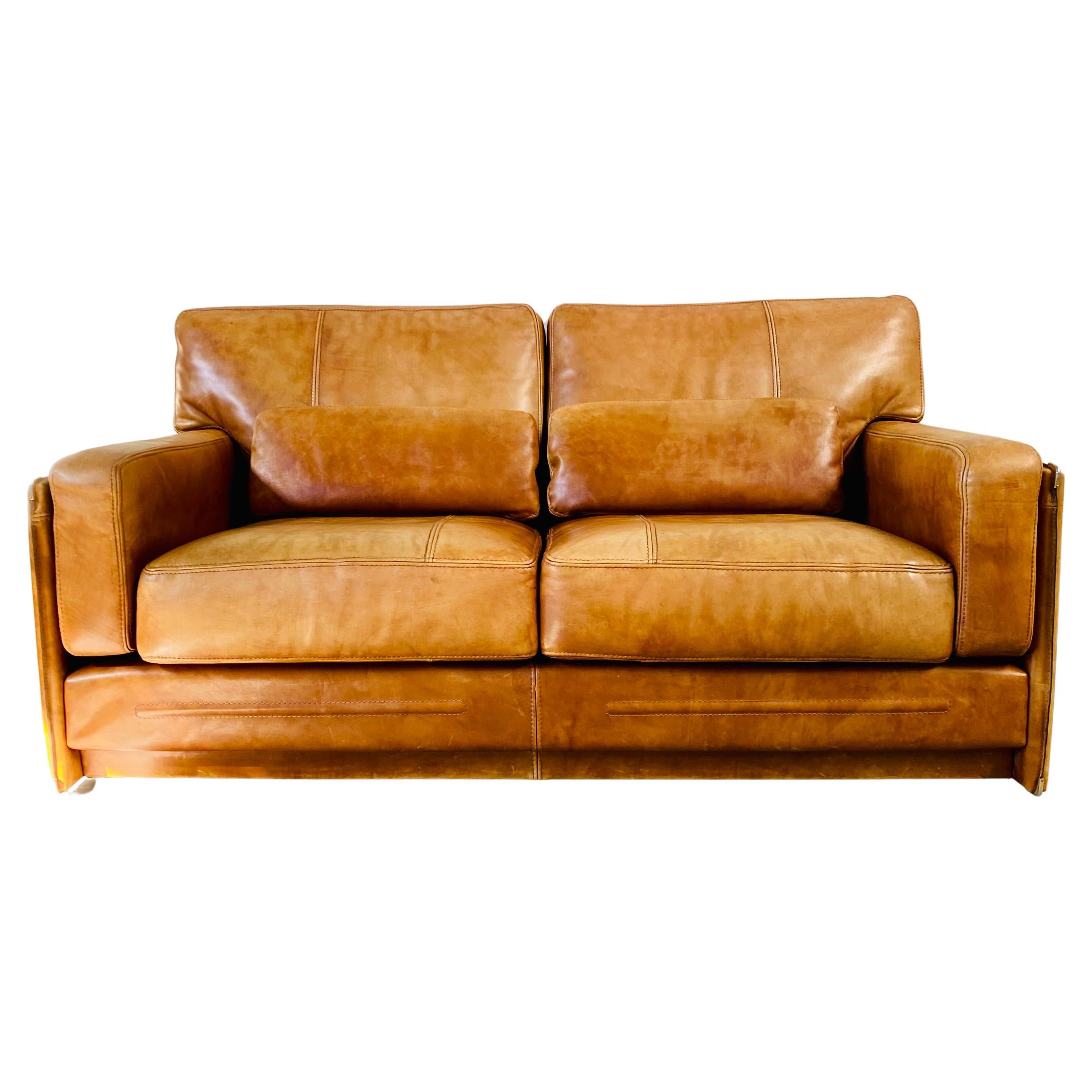 Cognac Leather 2-Seater Sofa by MarCo Milisich for Baxter, Italy, 1970 For Sale