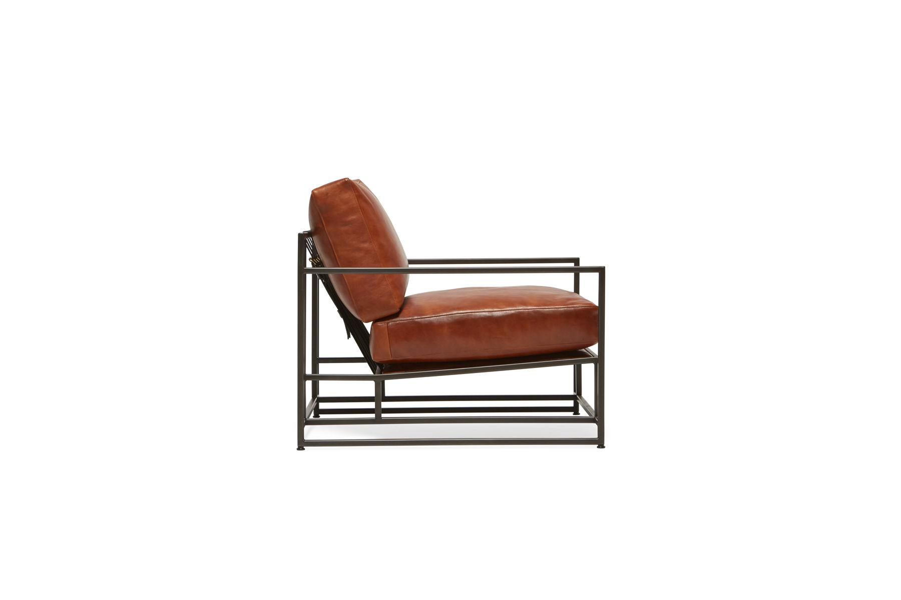 Modern Cognac Leather and Blackened Steel Armchair For Sale