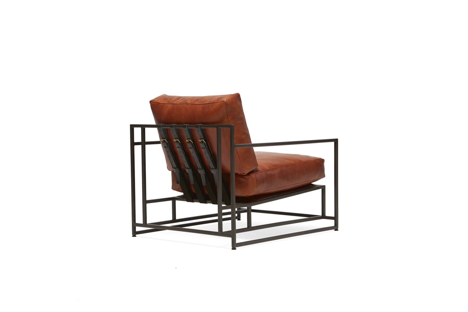 American Cognac Leather and Blackened Steel Armchair For Sale