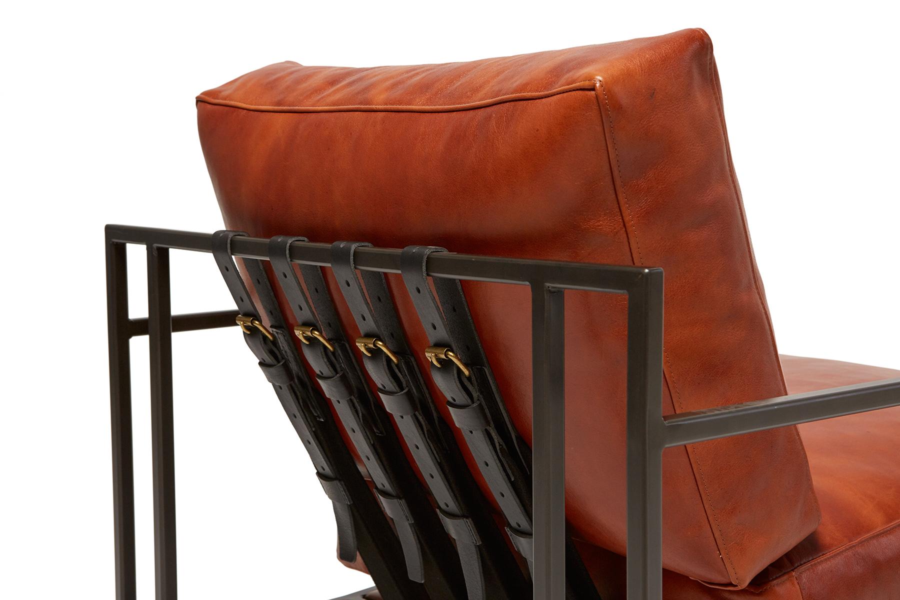 Metalwork Cognac Leather and Blackened Steel Armchair For Sale