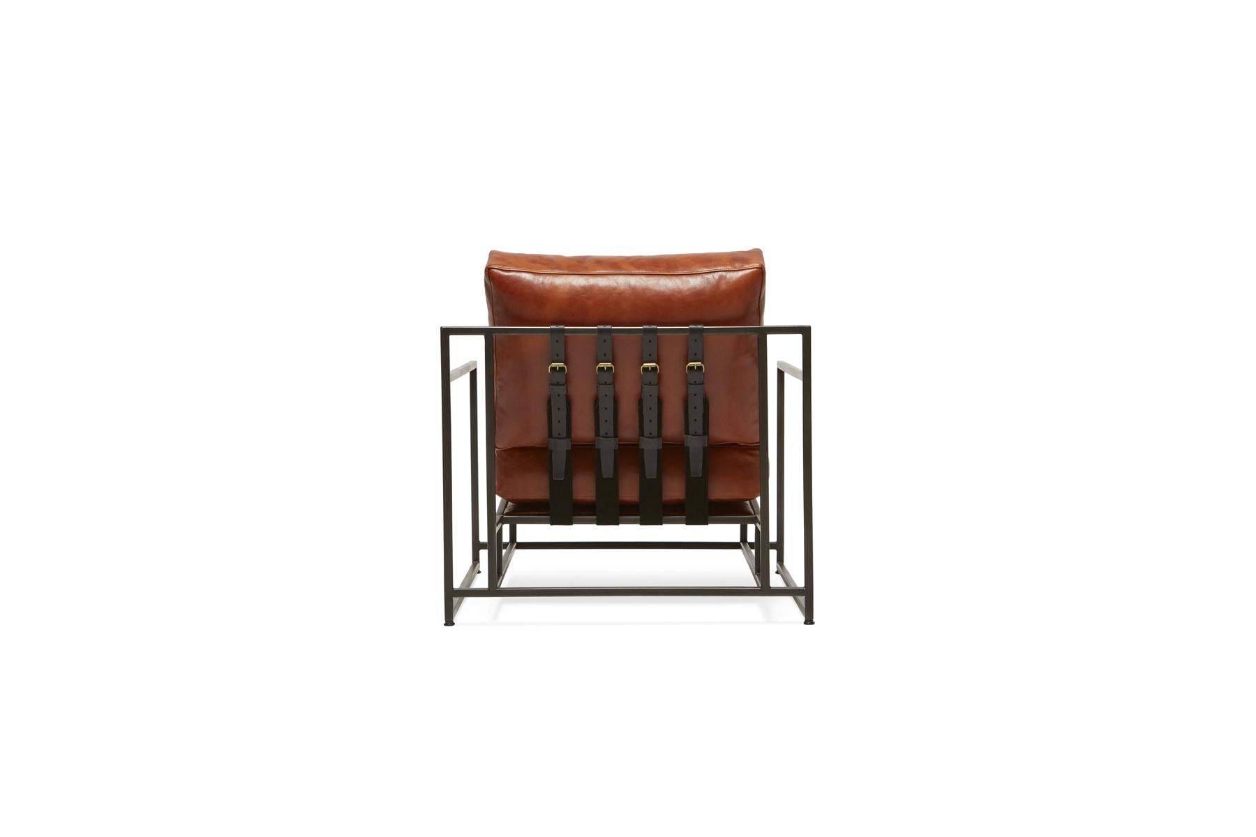 Contemporary Cognac Leather and Blackened Steel Armchair For Sale