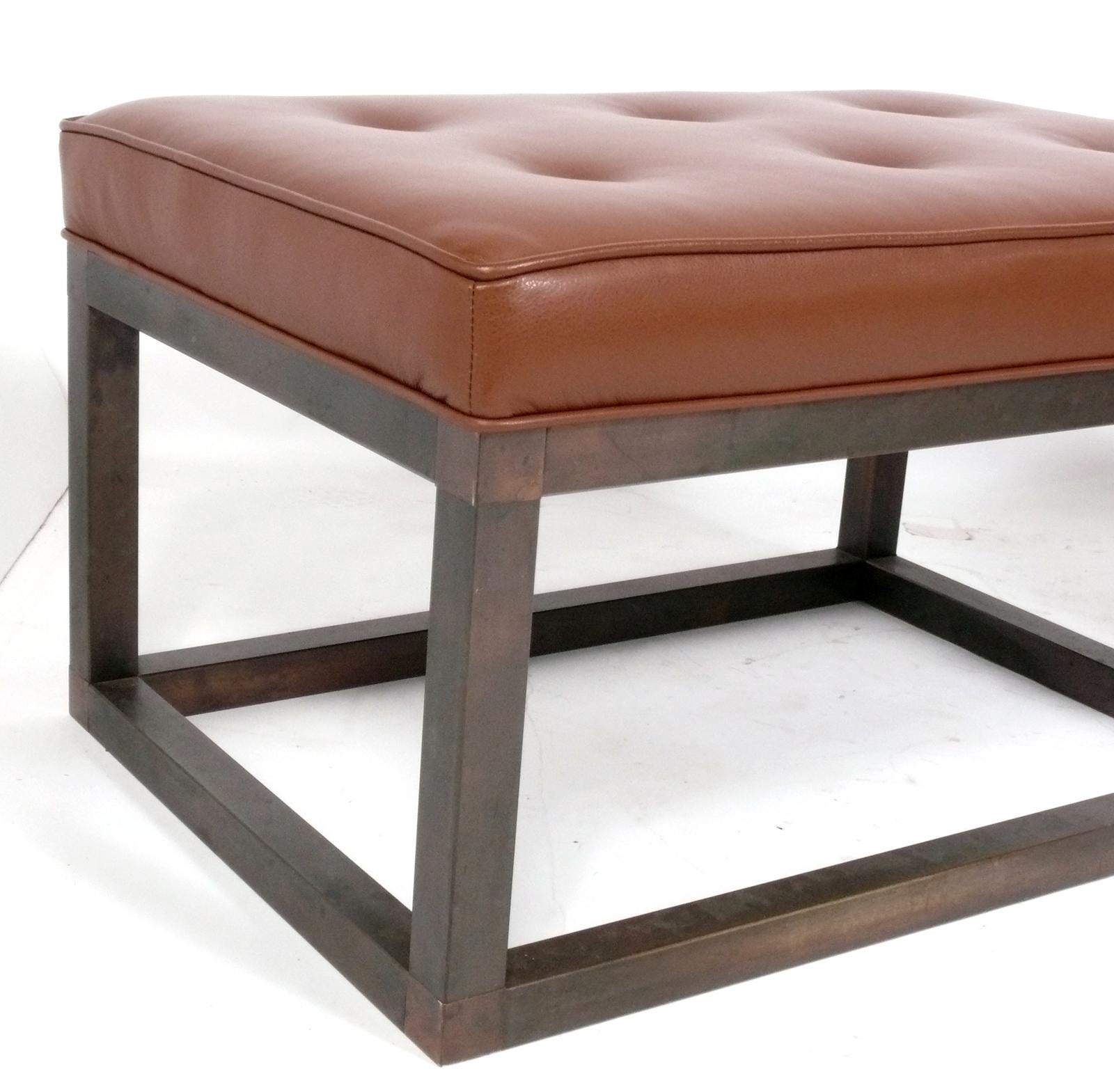 Mid-Century Modern Cognac Leather and Bronze Benches  For Sale