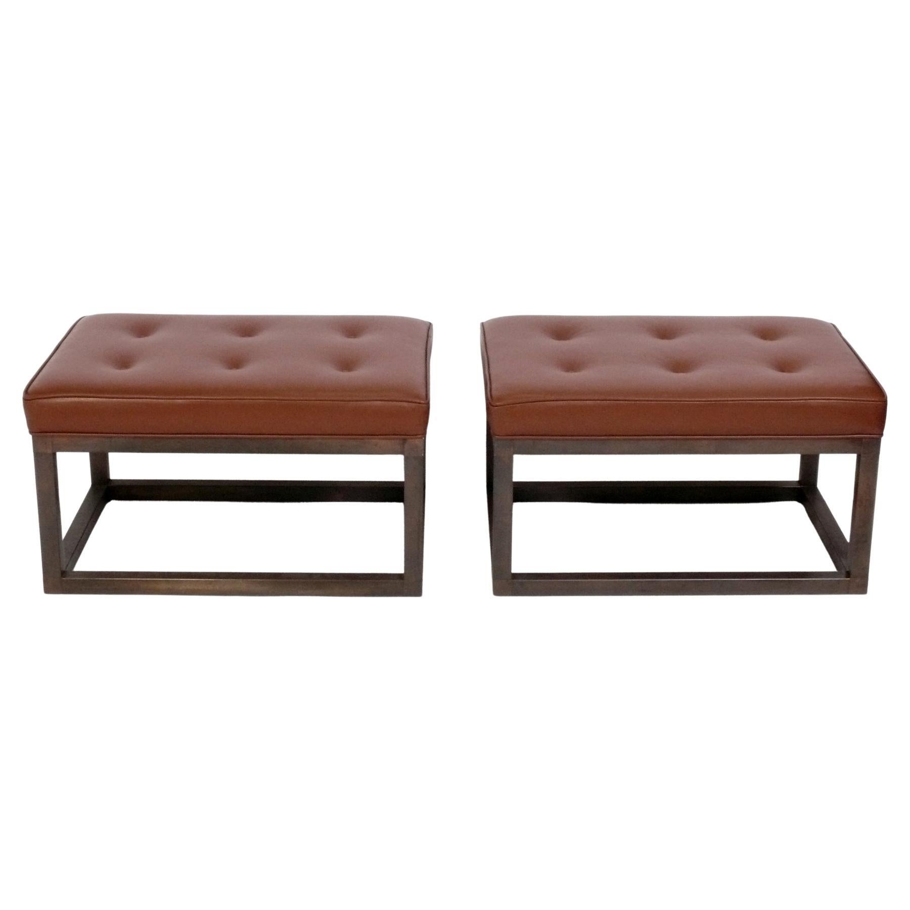 Cognac Leather and Bronze Benches 