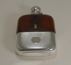 Cognac Leather and Engine Turned Sterling Silver Hip / Liquor Flask