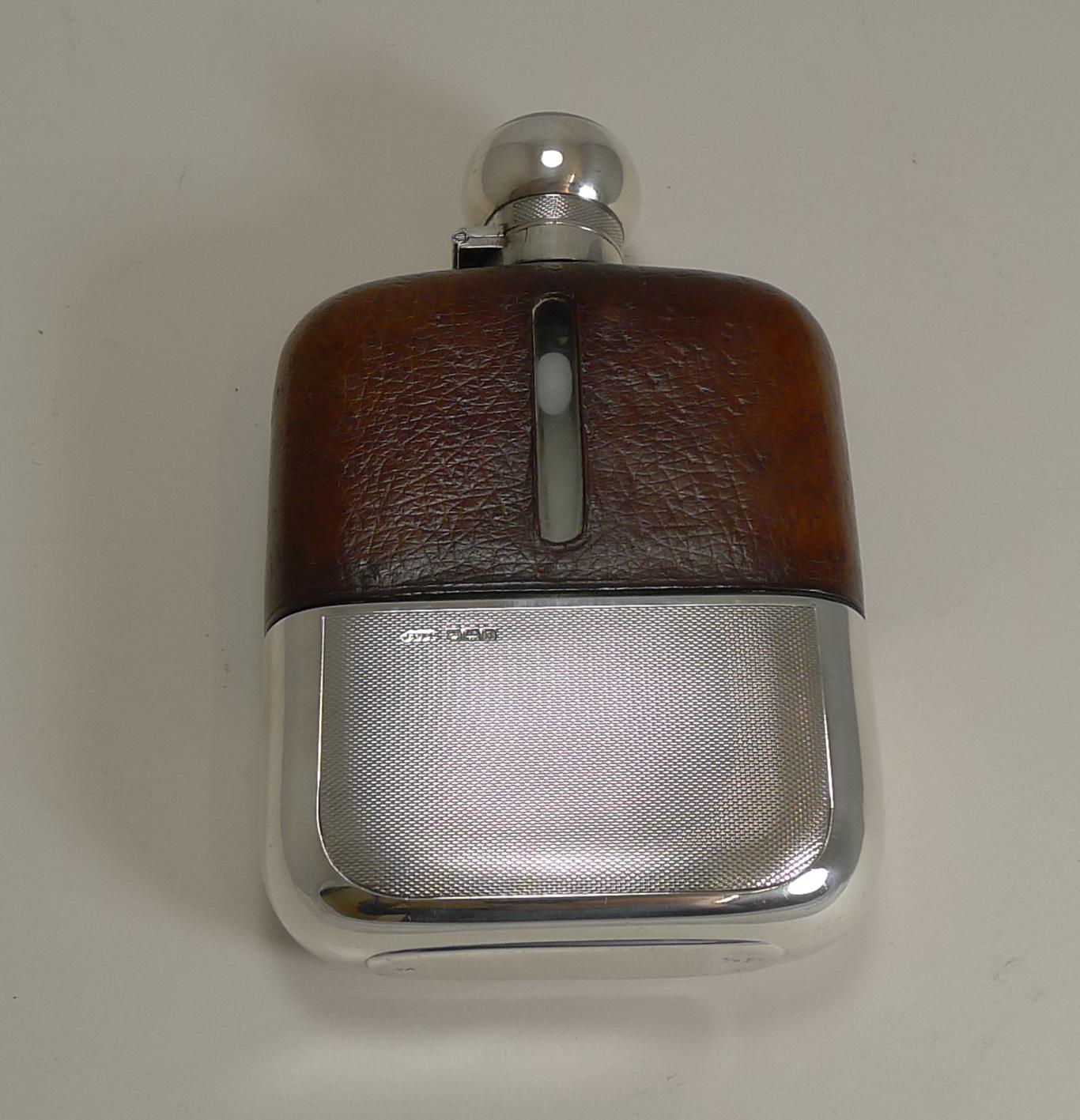 English Cognac Leather and Engine Turned Sterling Silver Hip / Liquor Flask