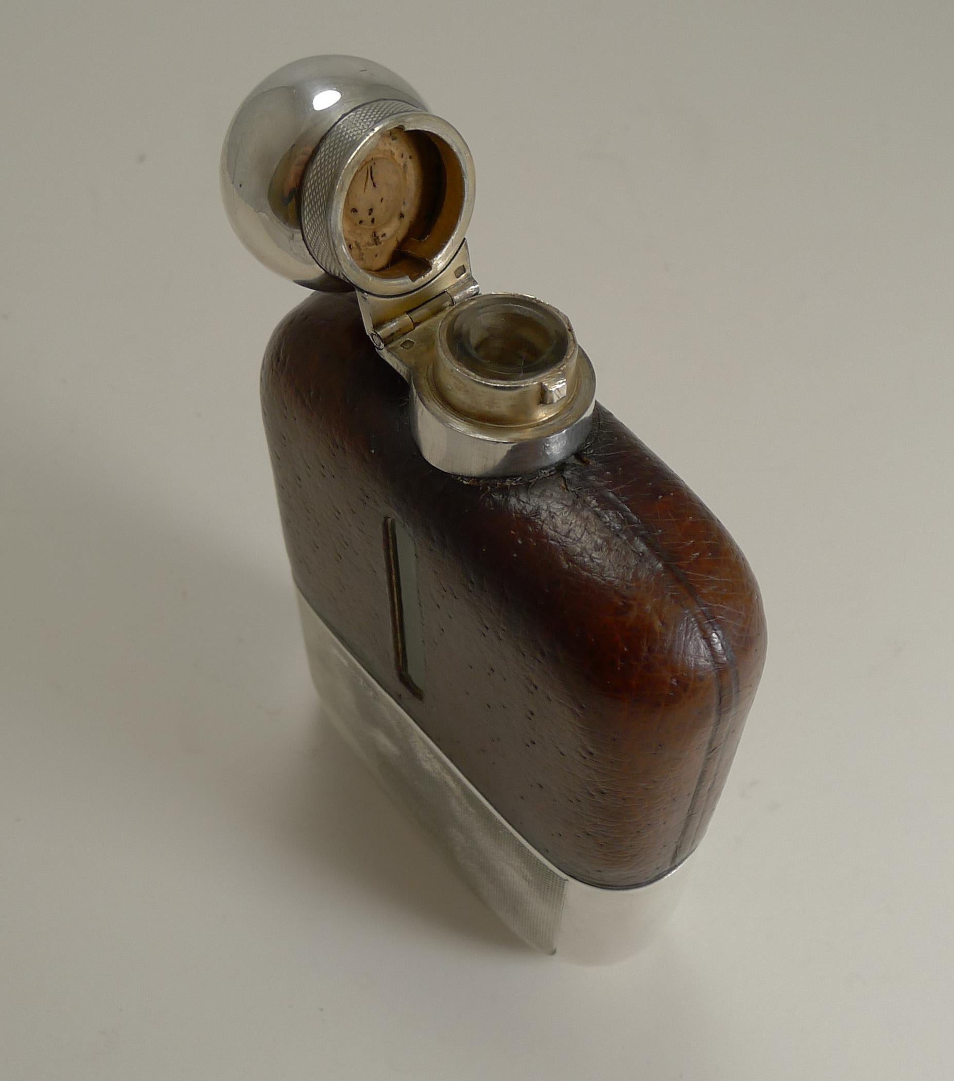 Cognac Leather and Engine Turned Sterling Silver Hip / Liquor Flask In Good Condition In Bath, GB