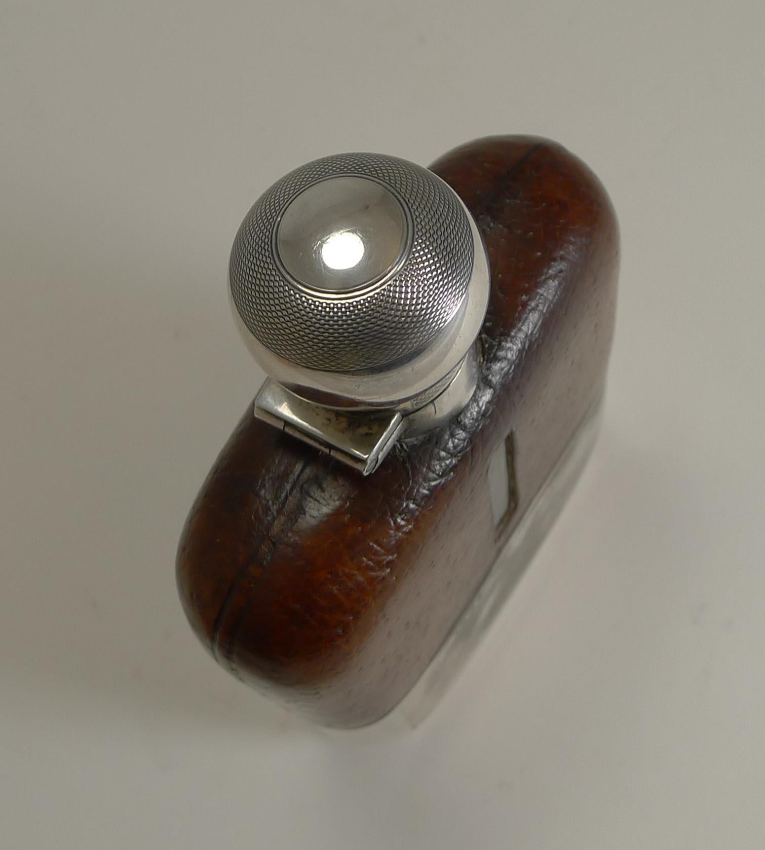 Mid-20th Century Cognac Leather and Engine Turned Sterling Silver Hip / Liquor Flask