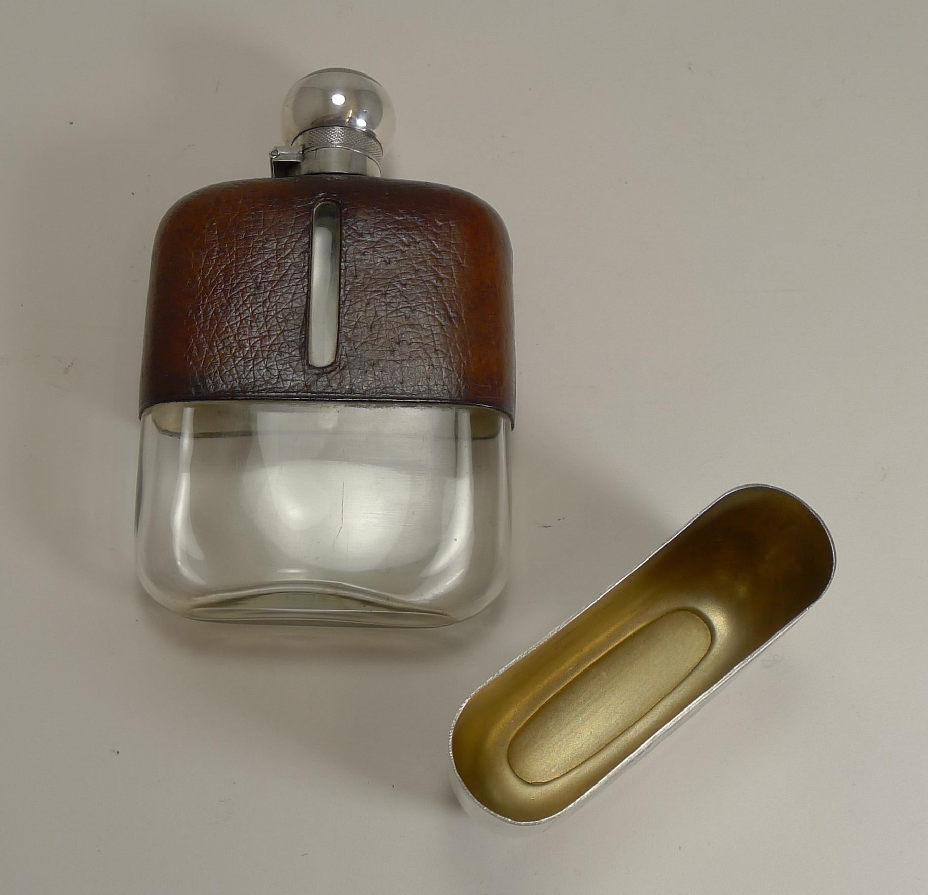 Cognac Leather and Engine Turned Sterling Silver Hip / Liquor Flask 1