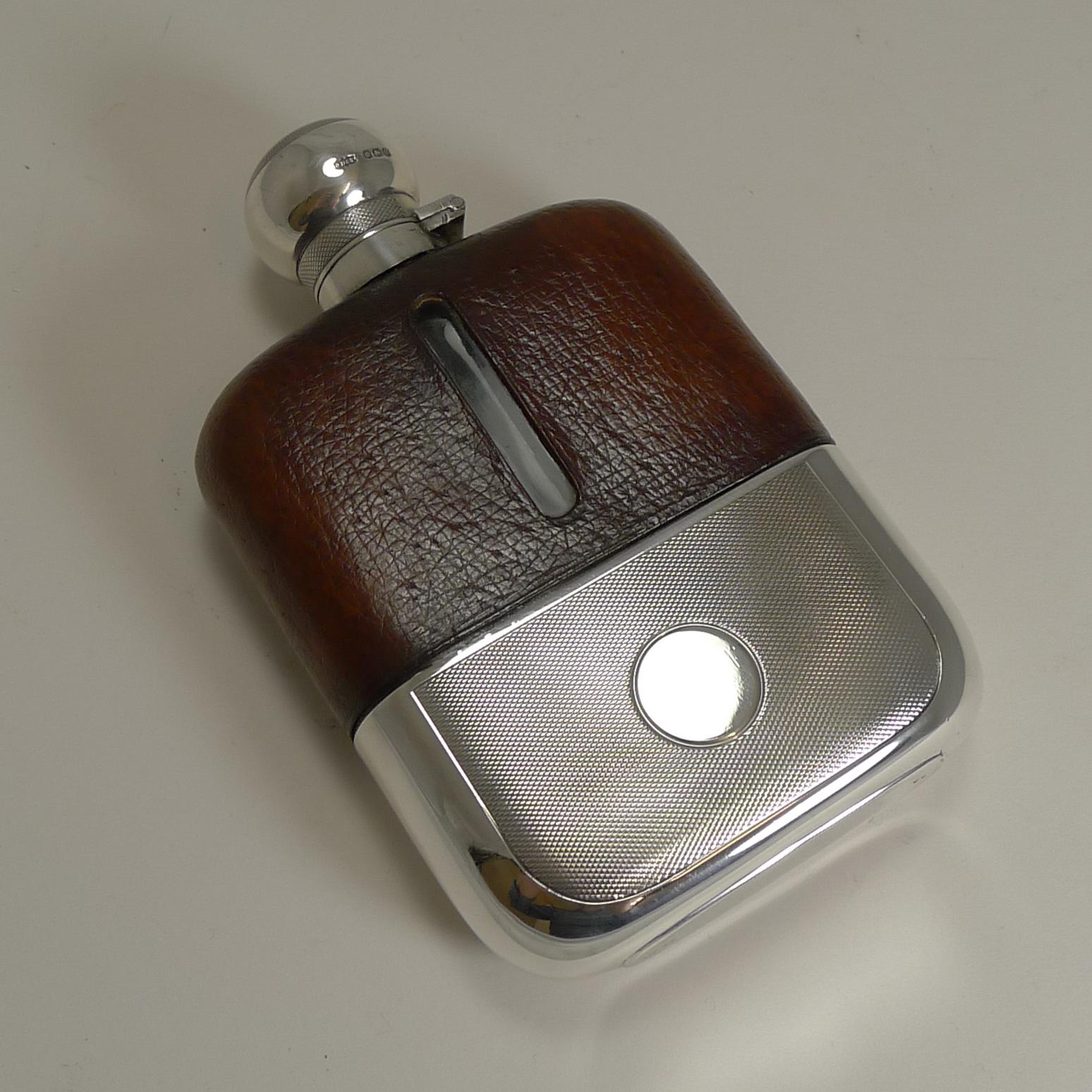 Cognac Leather and Engine Turned Sterling Silver Hip / Liquor Flask 3