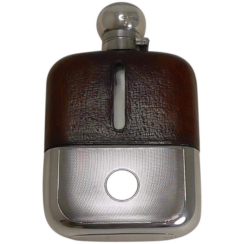 Cognac Leather and Engine Turned Sterling Silver Hip / Liquor Flask
