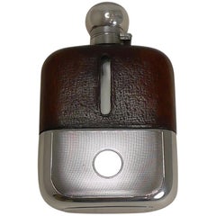 Cognac Leather and Engine Turned Sterling Silver Hip / Liquor Flask