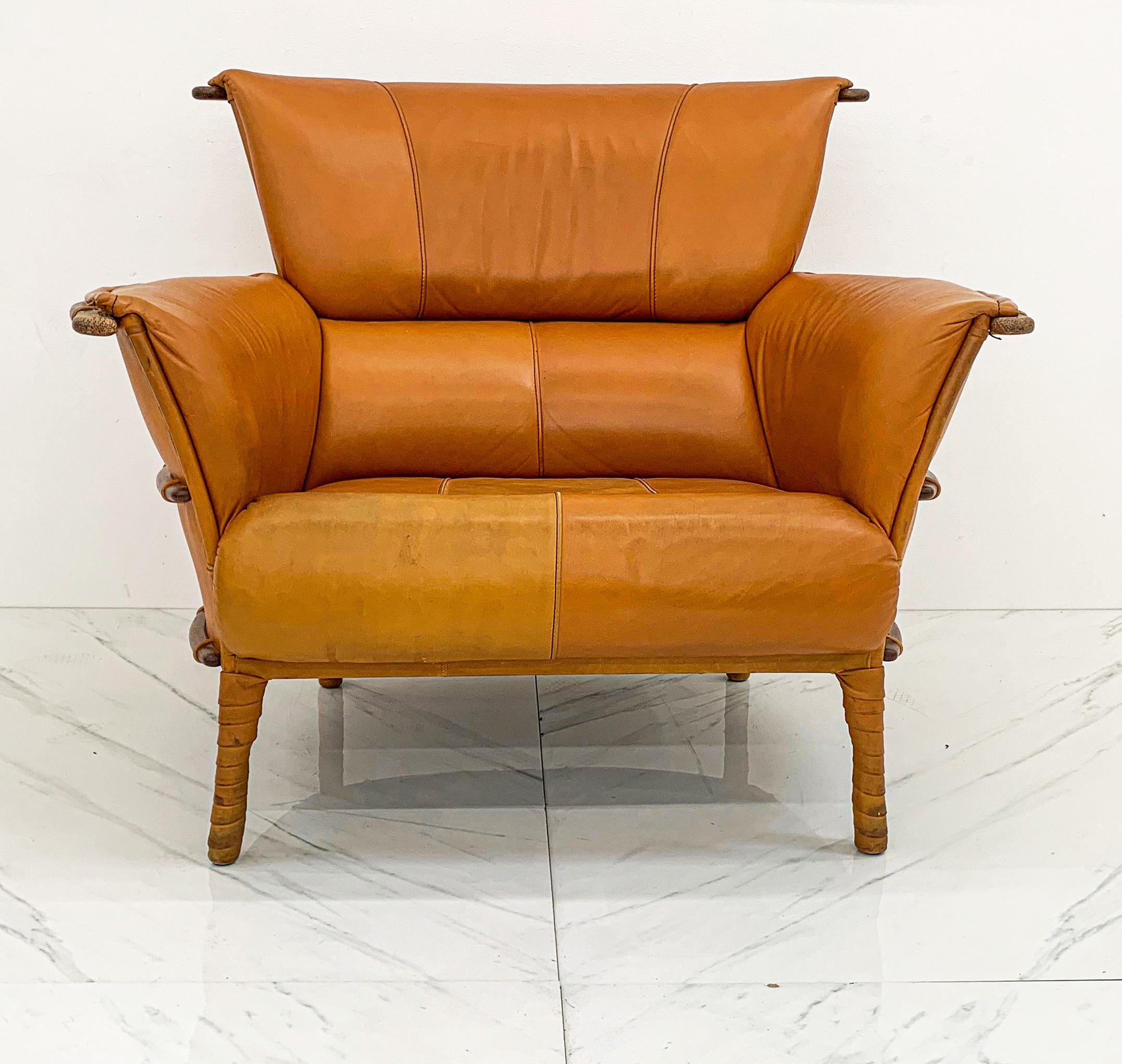Modern Cognac Leather and Palmwood Lounge Chair by Pacific Green, 1990s