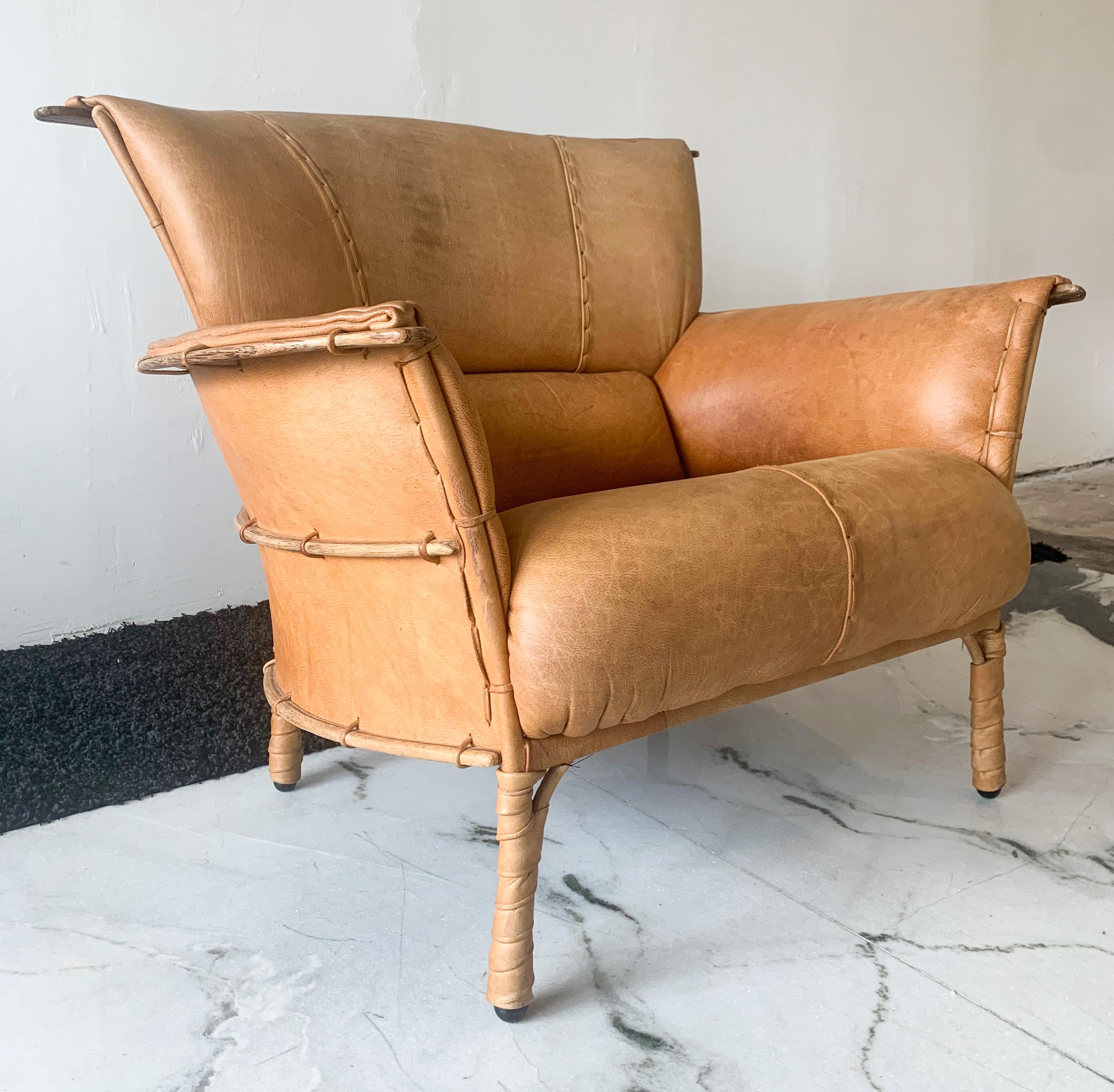 Cognac Leather and Palmwood Lounge Chair by Pacific Green, 1990s In Good Condition In Culver City, CA