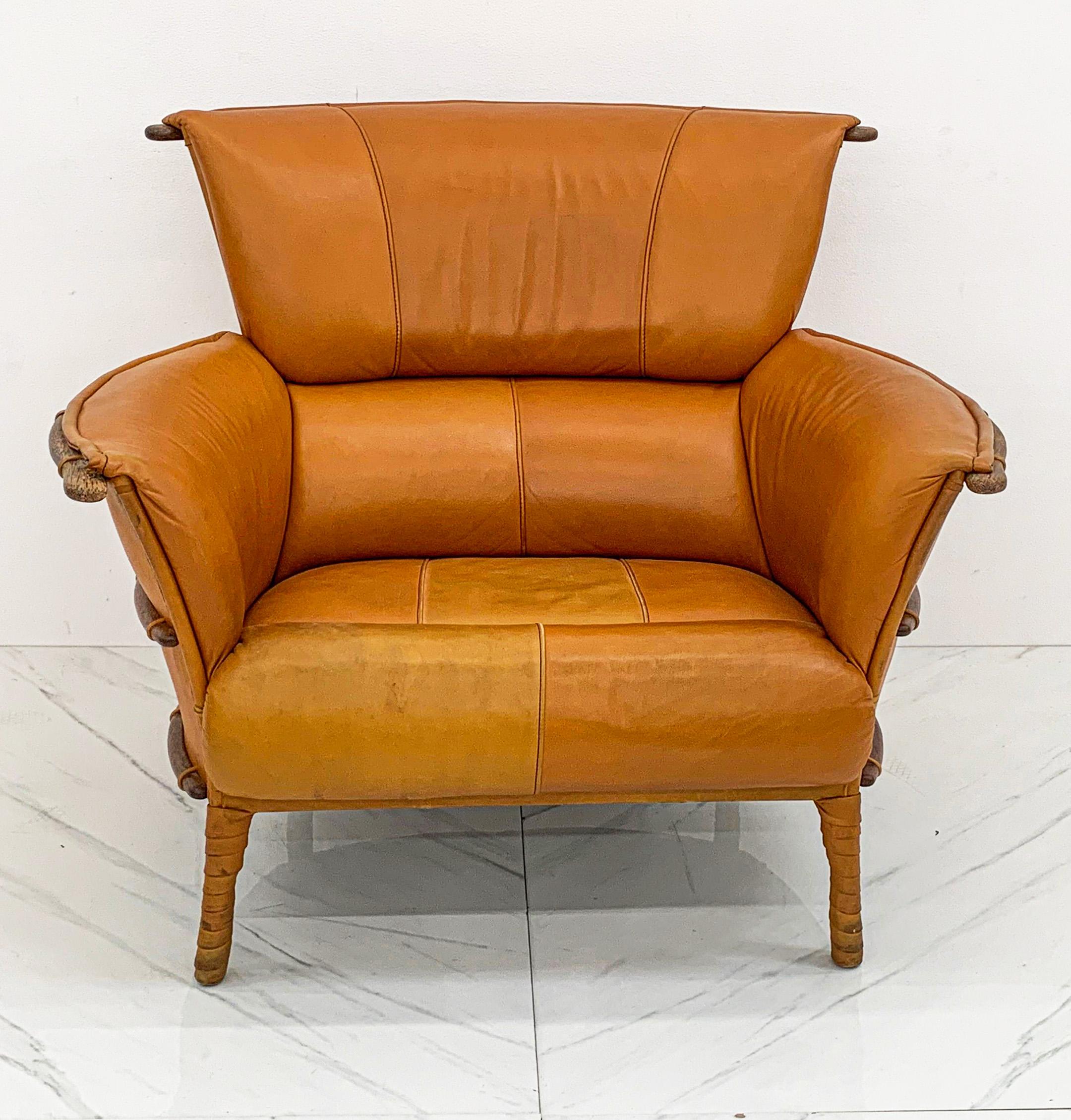 Cognac Leather and Palmwood Lounge Chair by Pacific Green, 1990s In Good Condition In Culver City, CA