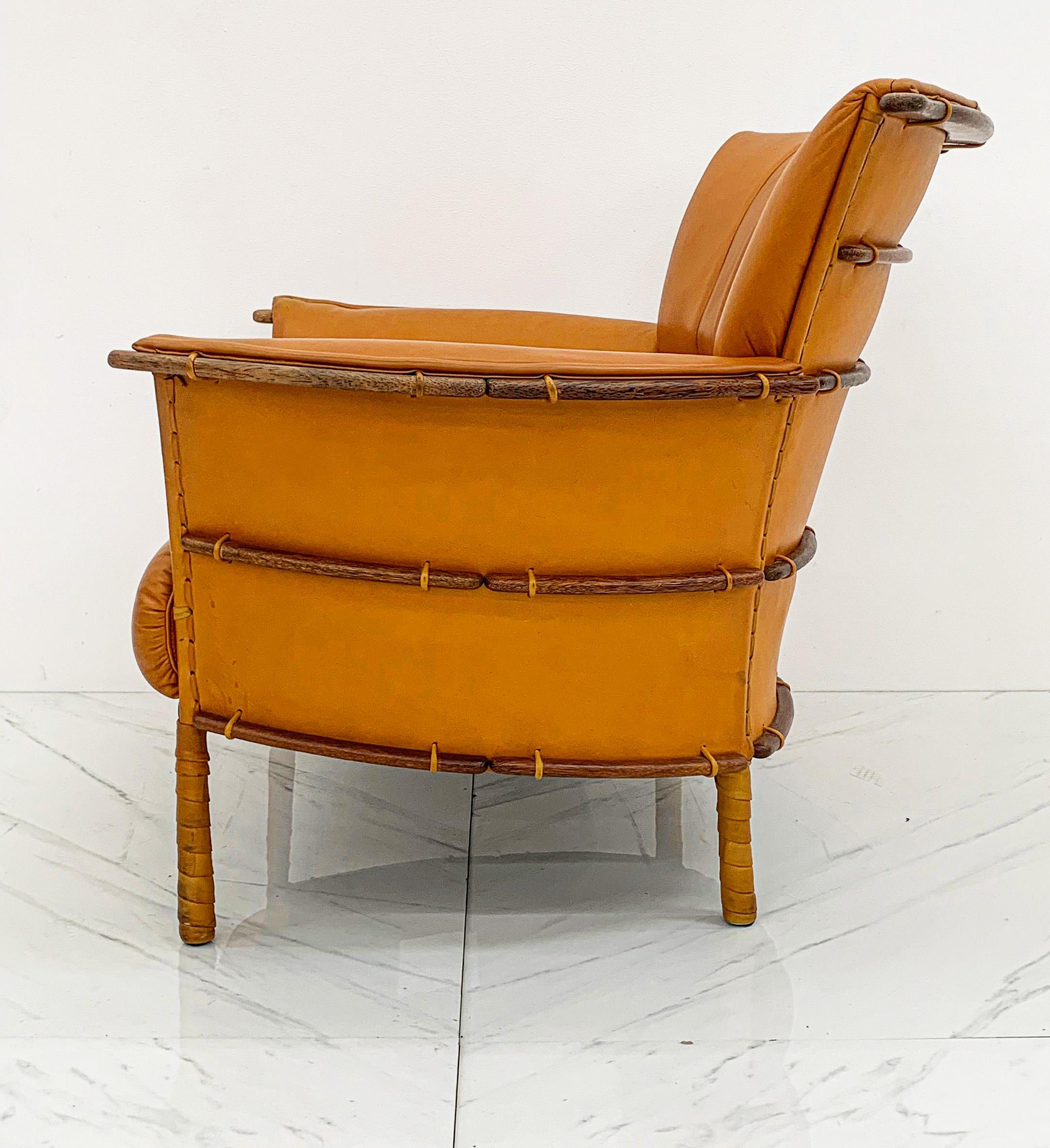 Cognac Leather and Palmwood Lounge Chair by Pacific Green, 1990s 1