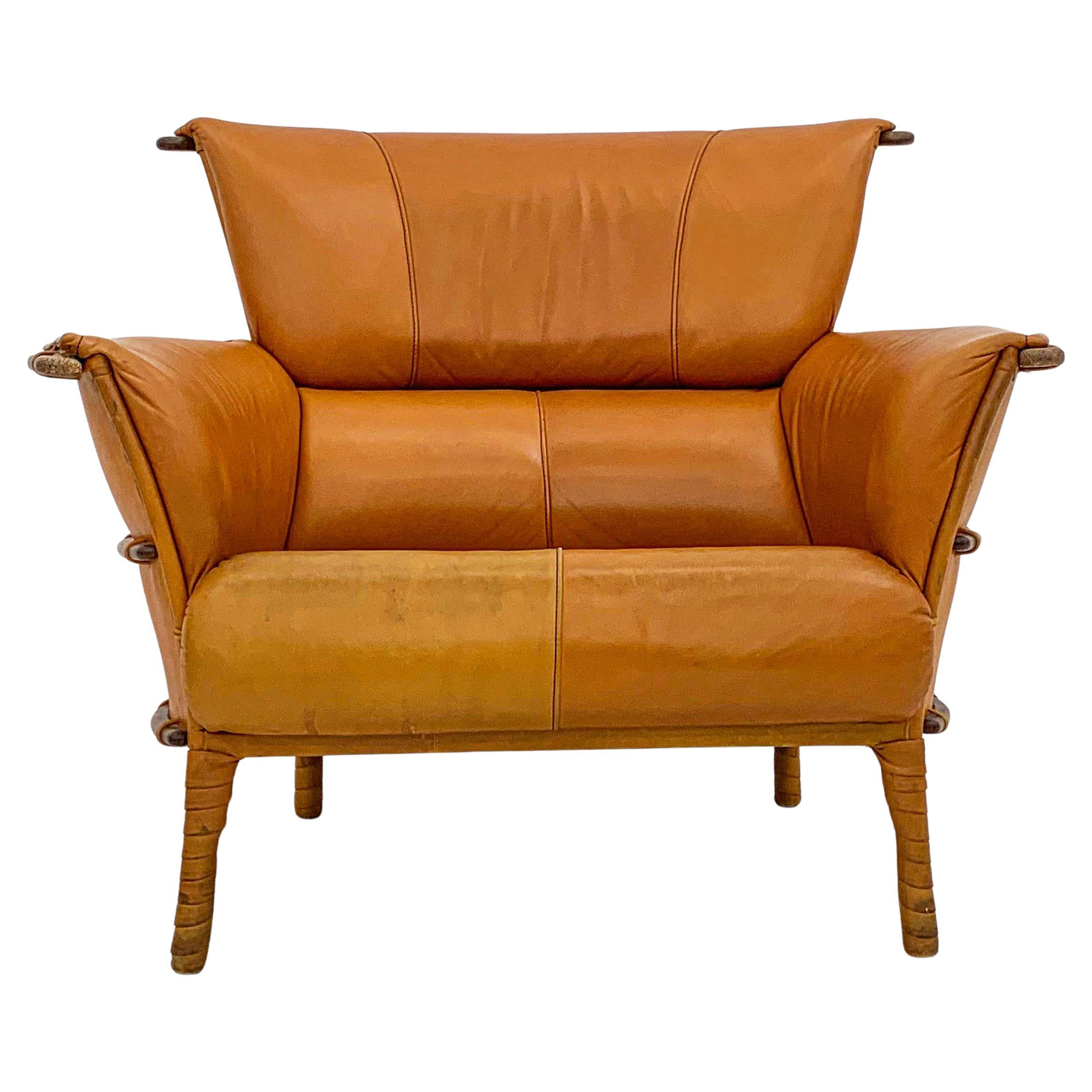 Cognac Leather and Palmwood Lounge Chair by Pacific Green, 1990s