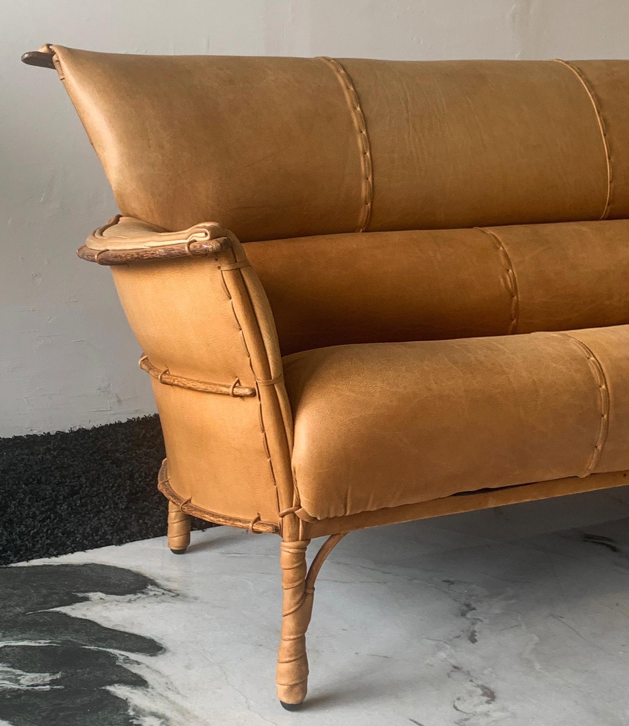 Modern Cognac Leather and Palmwood Sofa by Pacific Green, 1990s
