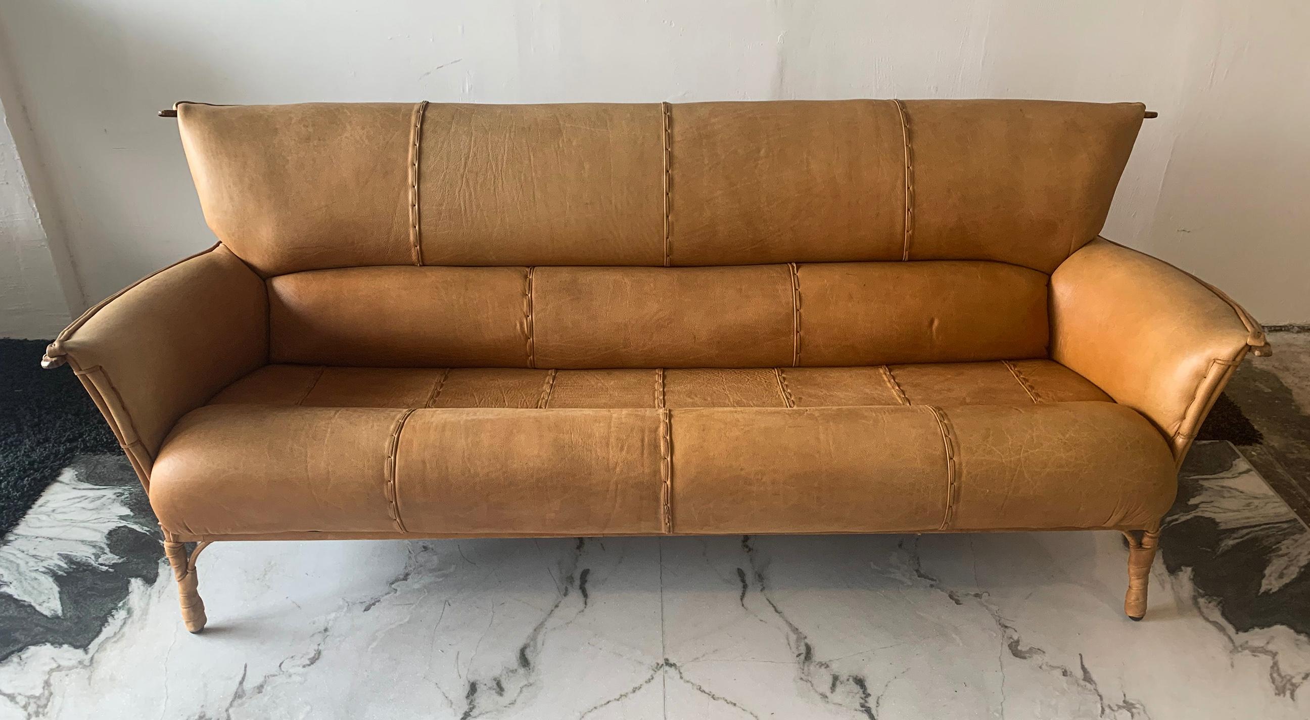 Australian Cognac Leather and Palmwood Sofa by Pacific Green, 1990s