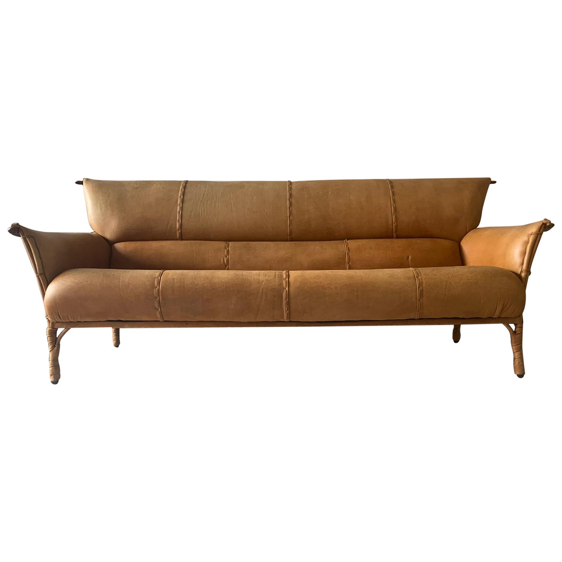 Cognac Leather and Palmwood Sofa by Pacific Green, 1990s