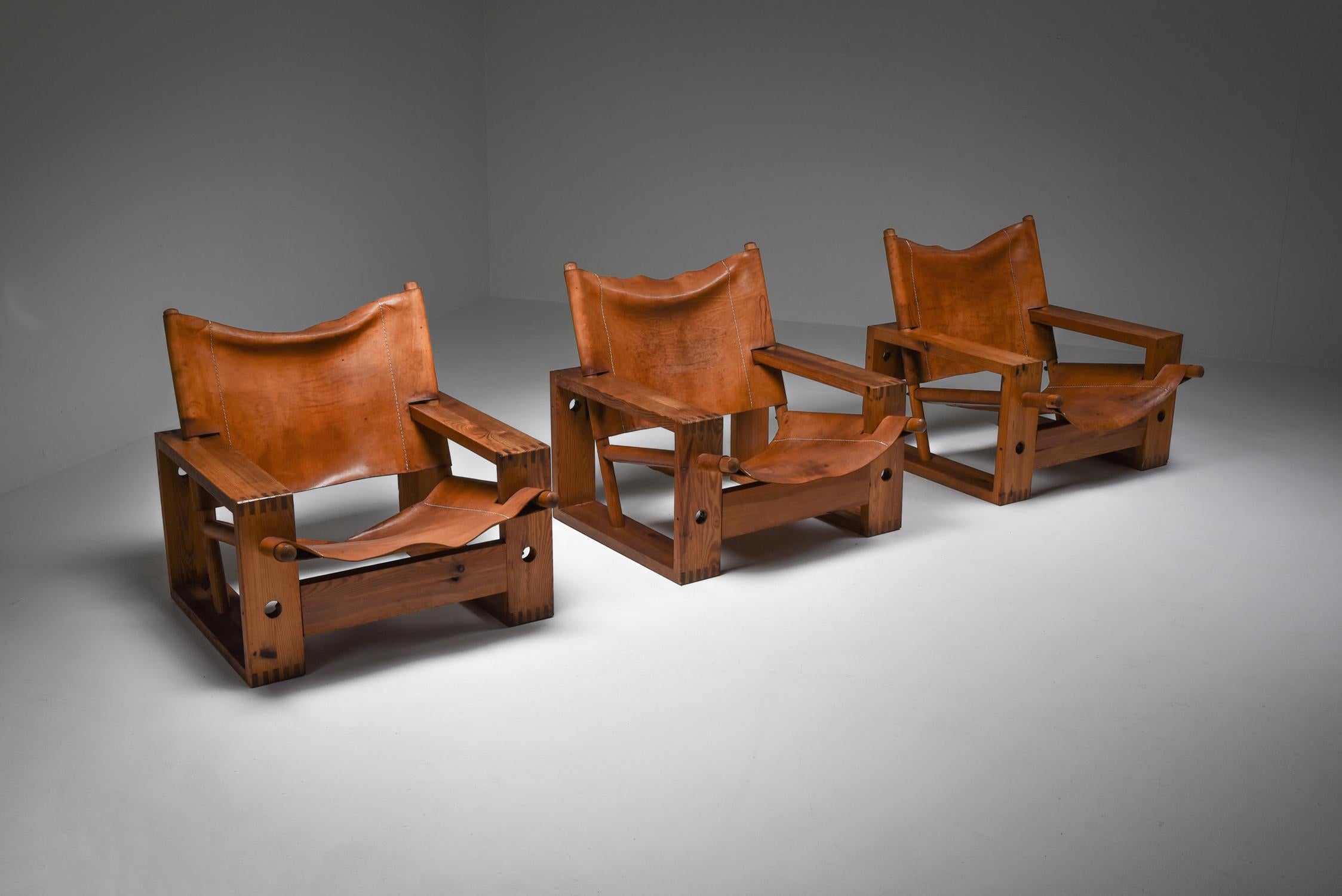 Solid pine, saddle leather armchair, by Ate Van Apeldoorn, Houtwerk Hattem, Netherlands 1970s

