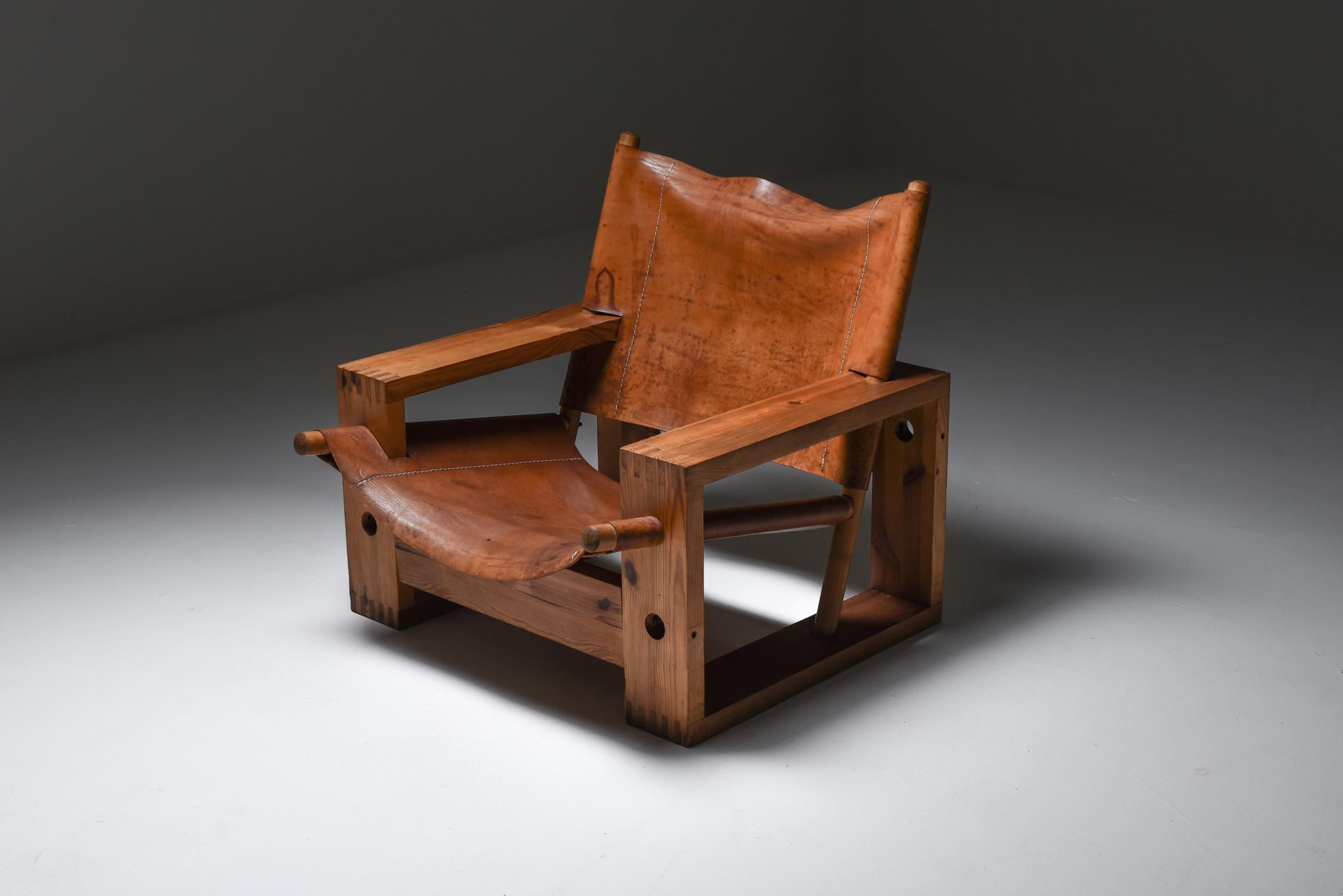 Cognac Leather and Pine Easy Chair by Ate Van Apeldoorn 1