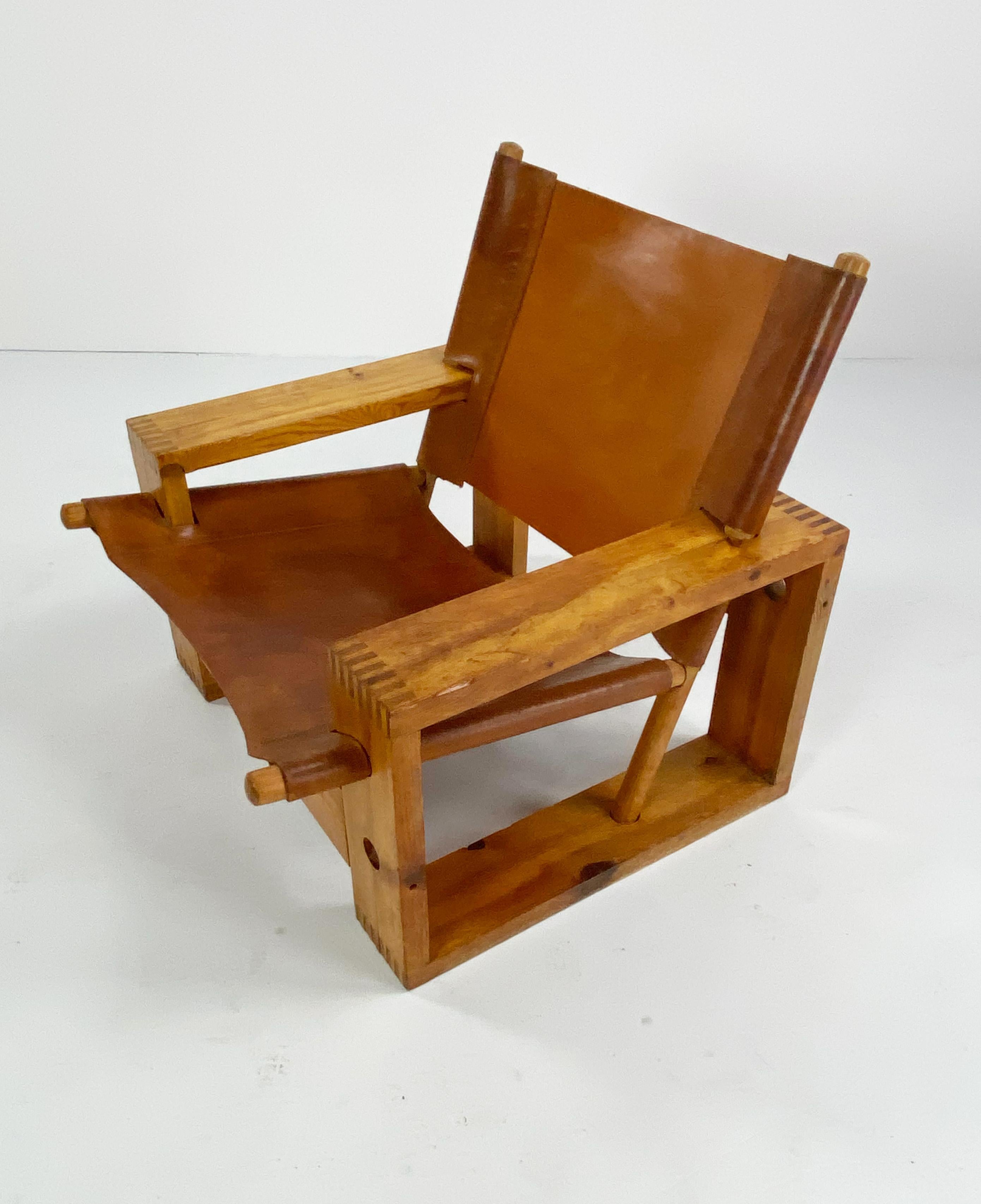 Cognac Leather and Pine Lounge Chair by Ate Van Apeldoorn, c.1970 In Fair Condition In Surbiton, GB